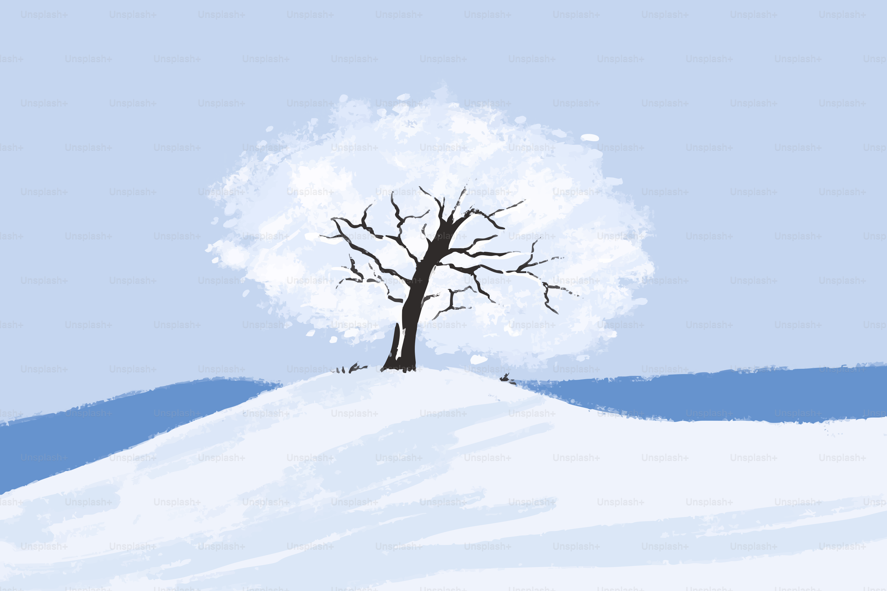 A bare tree covered in snow on a winter hill.