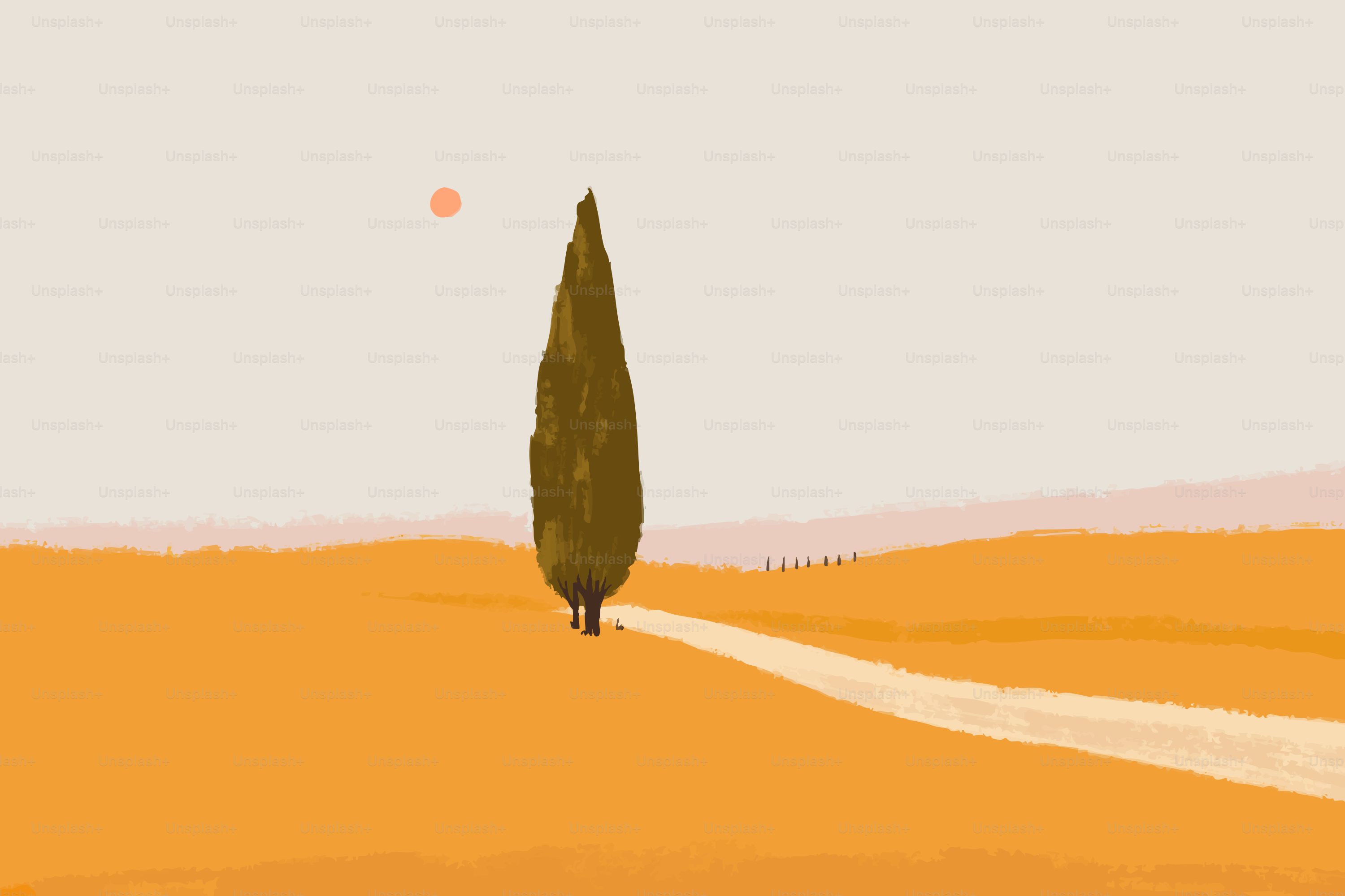 황금빛 들판에 홀로 서 있는 사이프러스 나무가 있다.