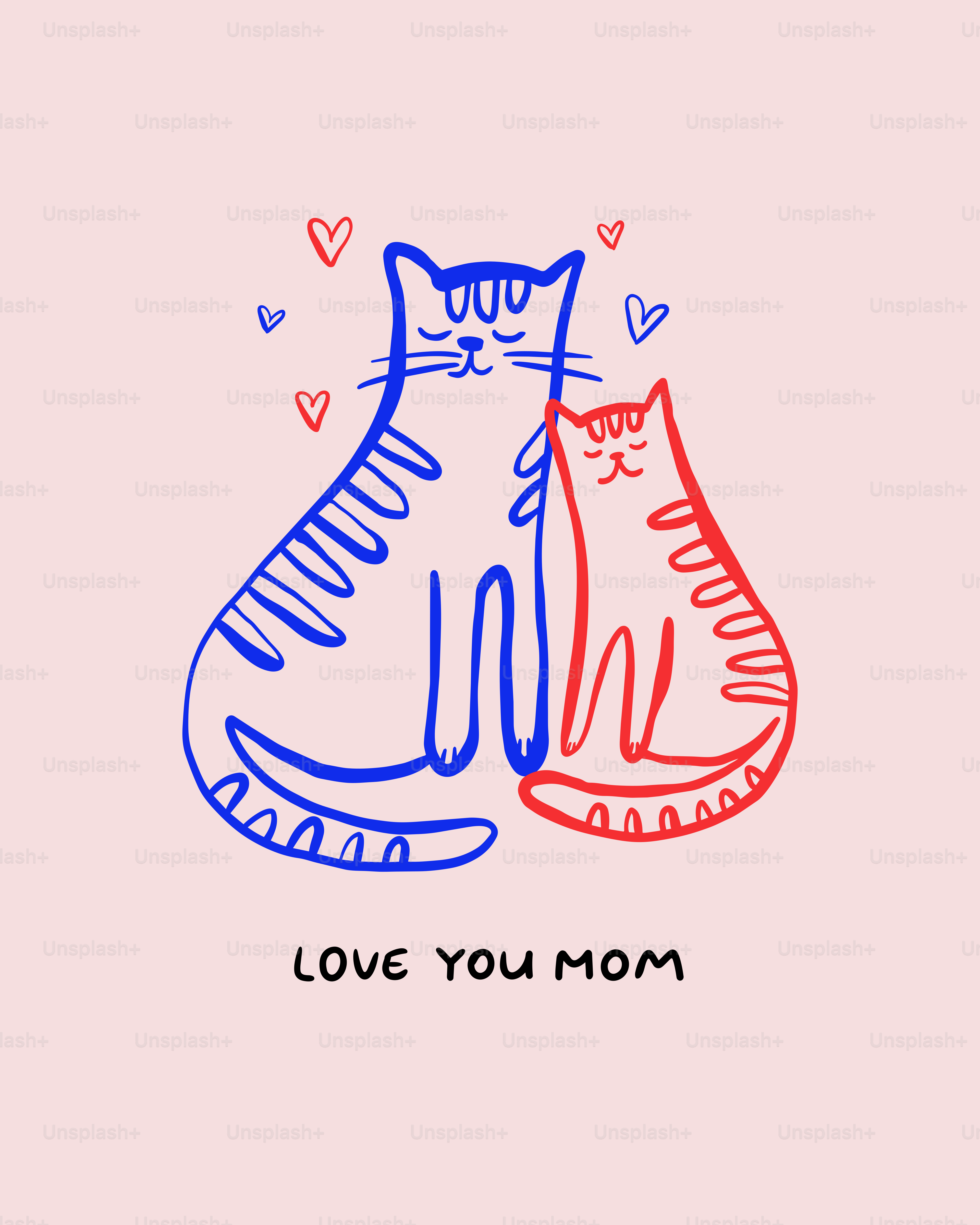 Zwei Katzen mit Herzen und der Nachricht "Ich liebe dich, Mama"