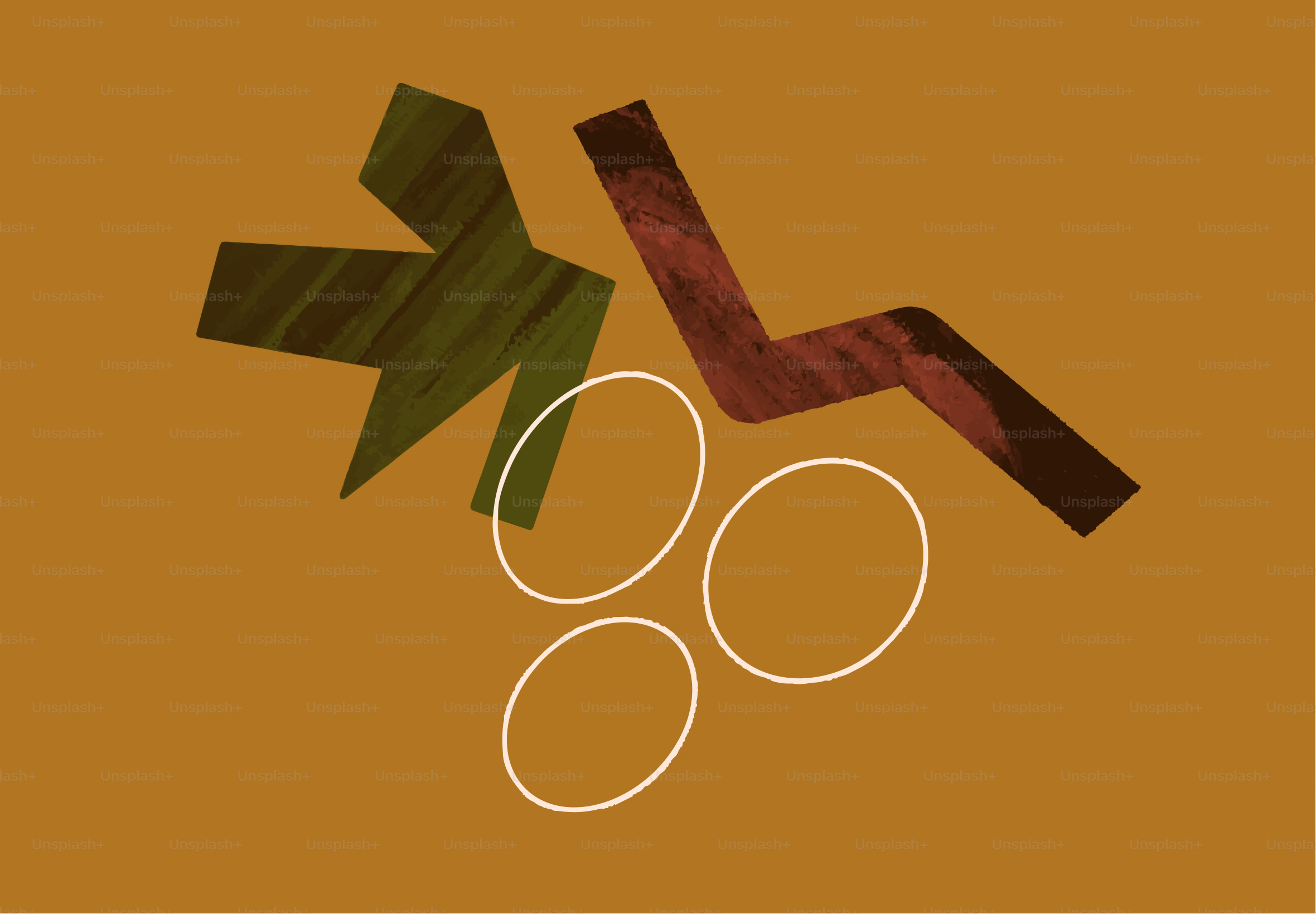 Abstract shapes and three white circles on brown background