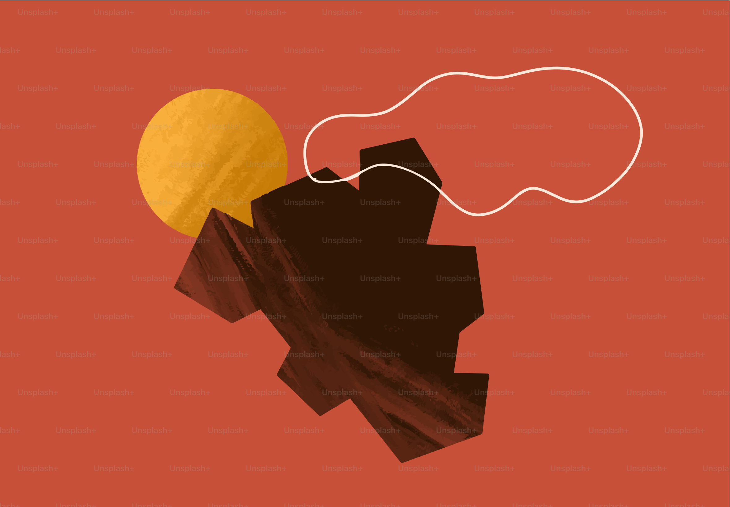 빨간 배경에 추상적인 태양, 구름, 산 모양