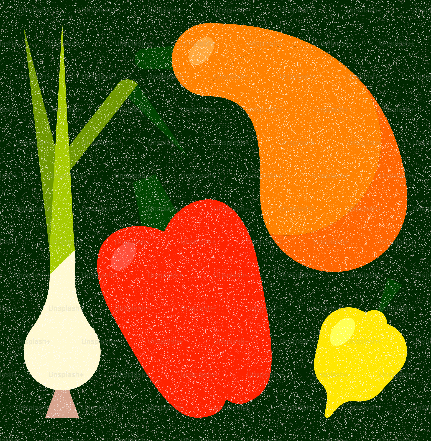 Cipollotto, peperone rosso e pepe giallo su sfondo scuro