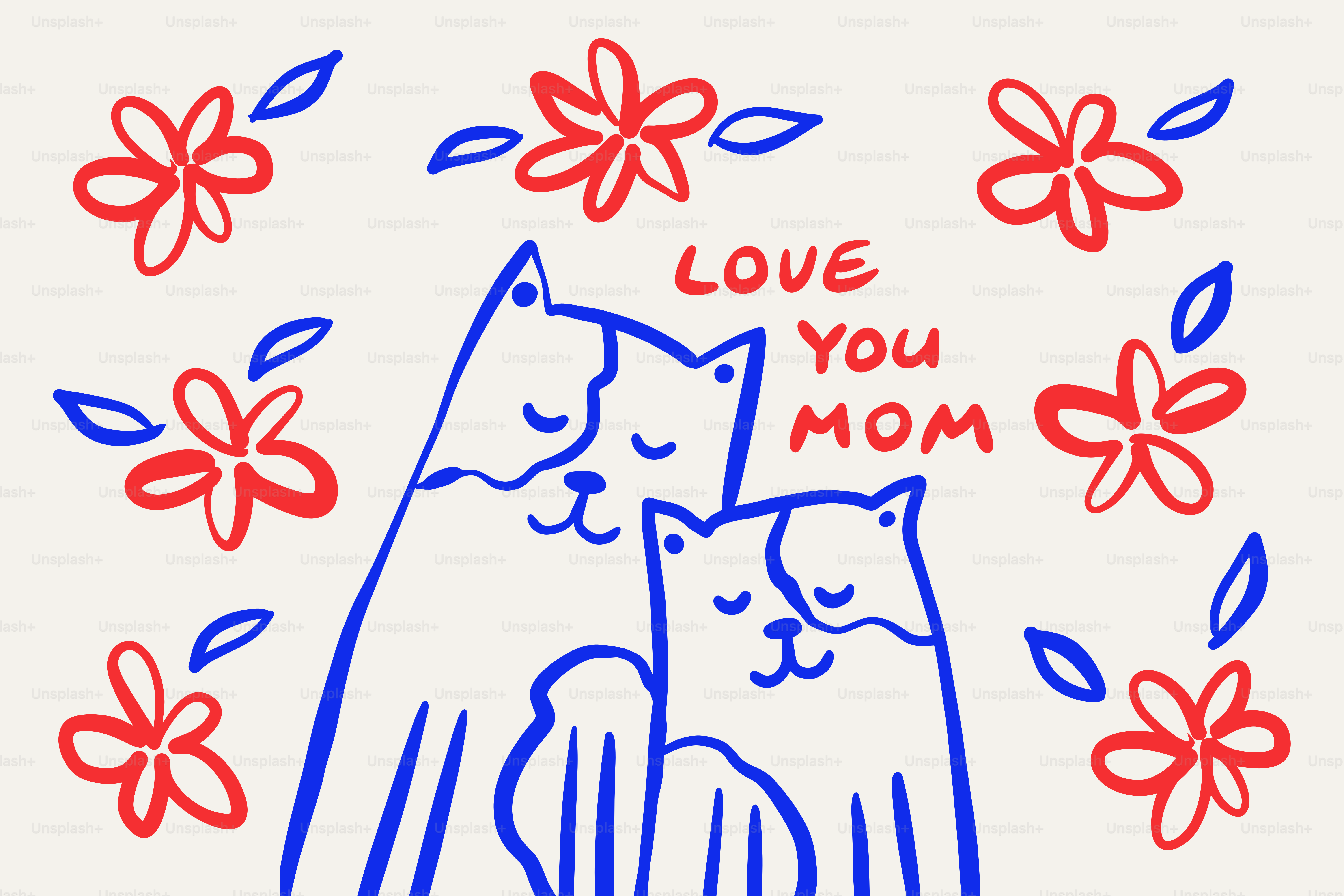 Zwei Katzen mit Blumen und "liebe dich, Mama"