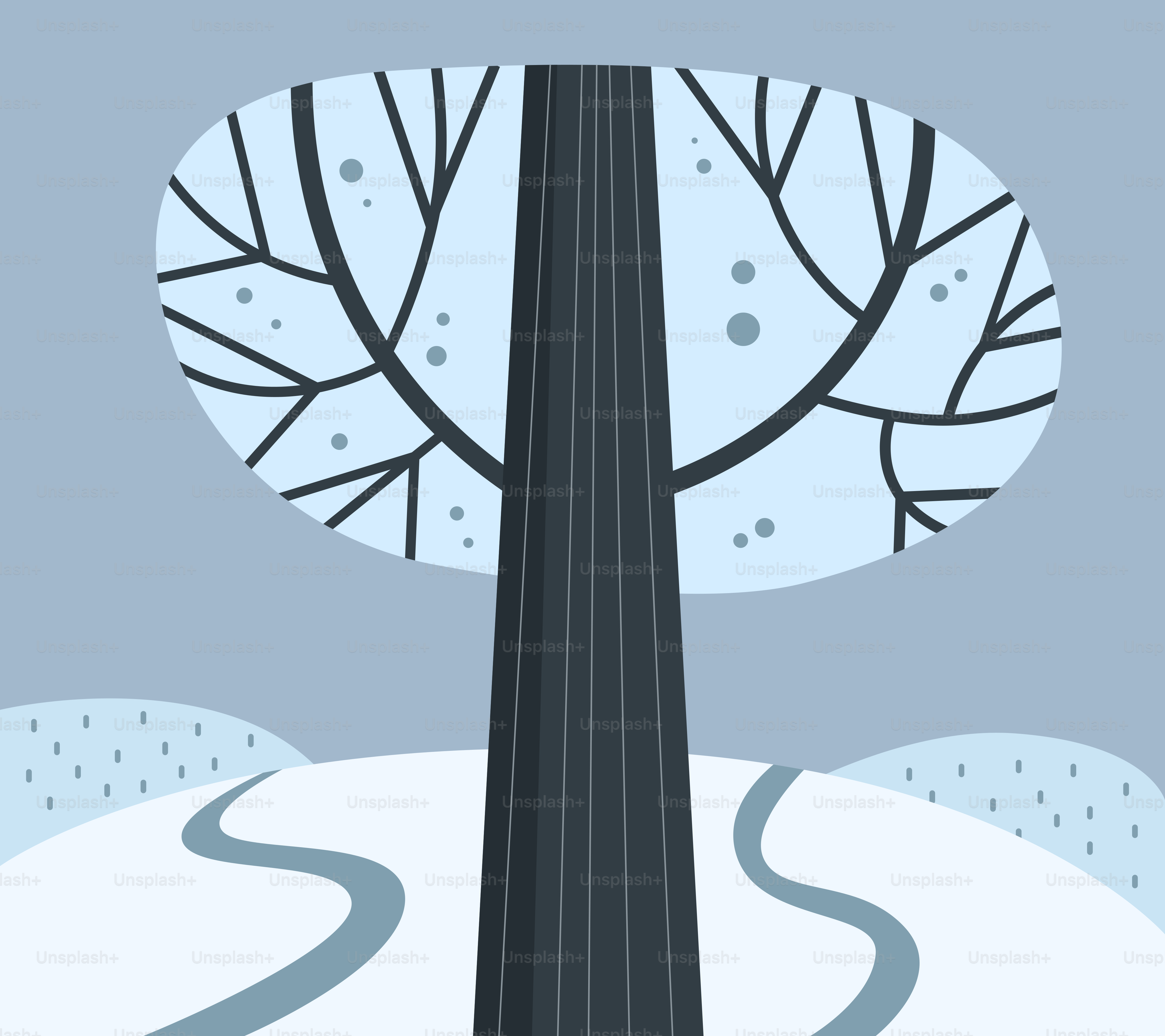 Stylized winter tree with snow-covered landscape