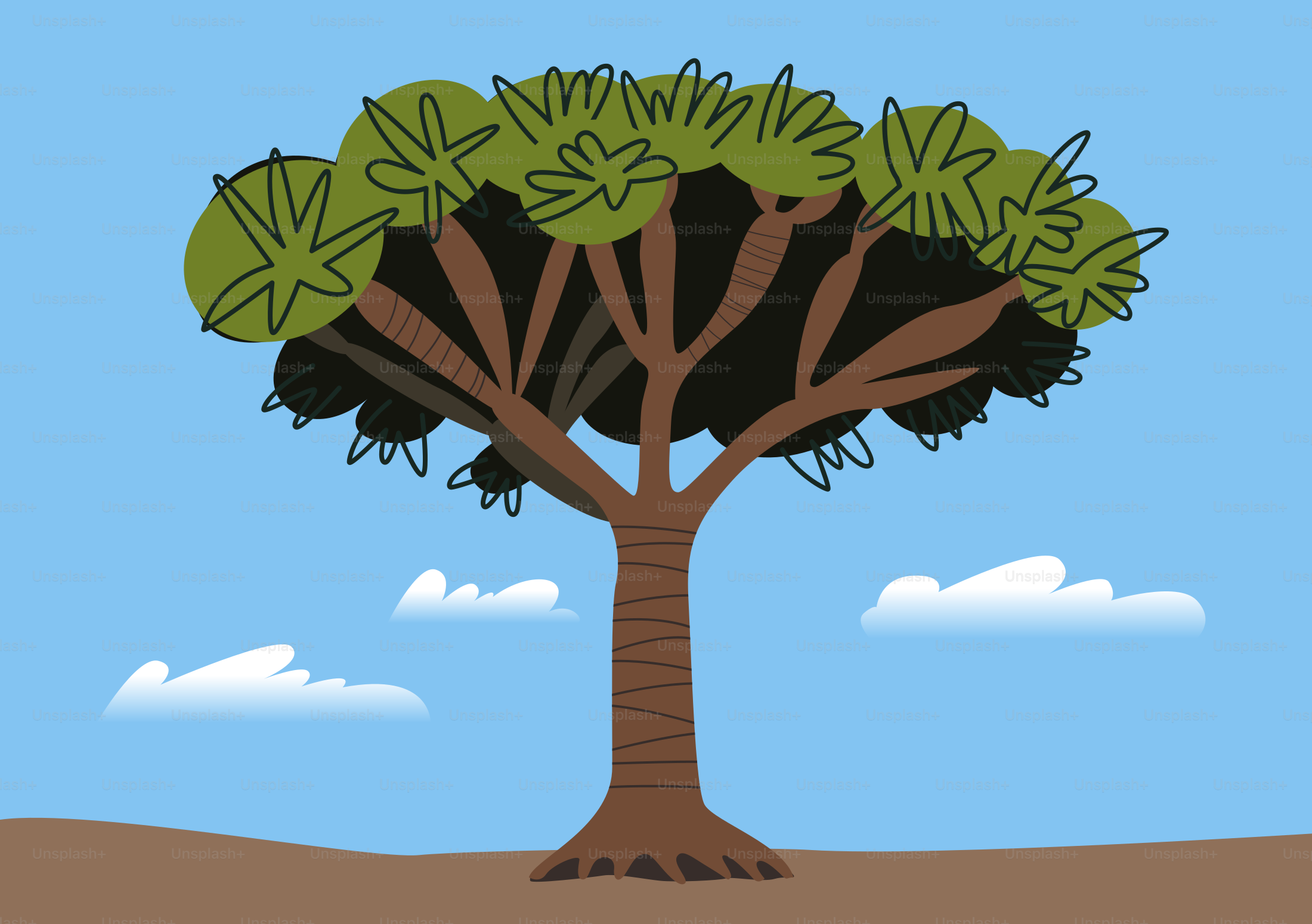 A stylized tree with green leaves against blue sky