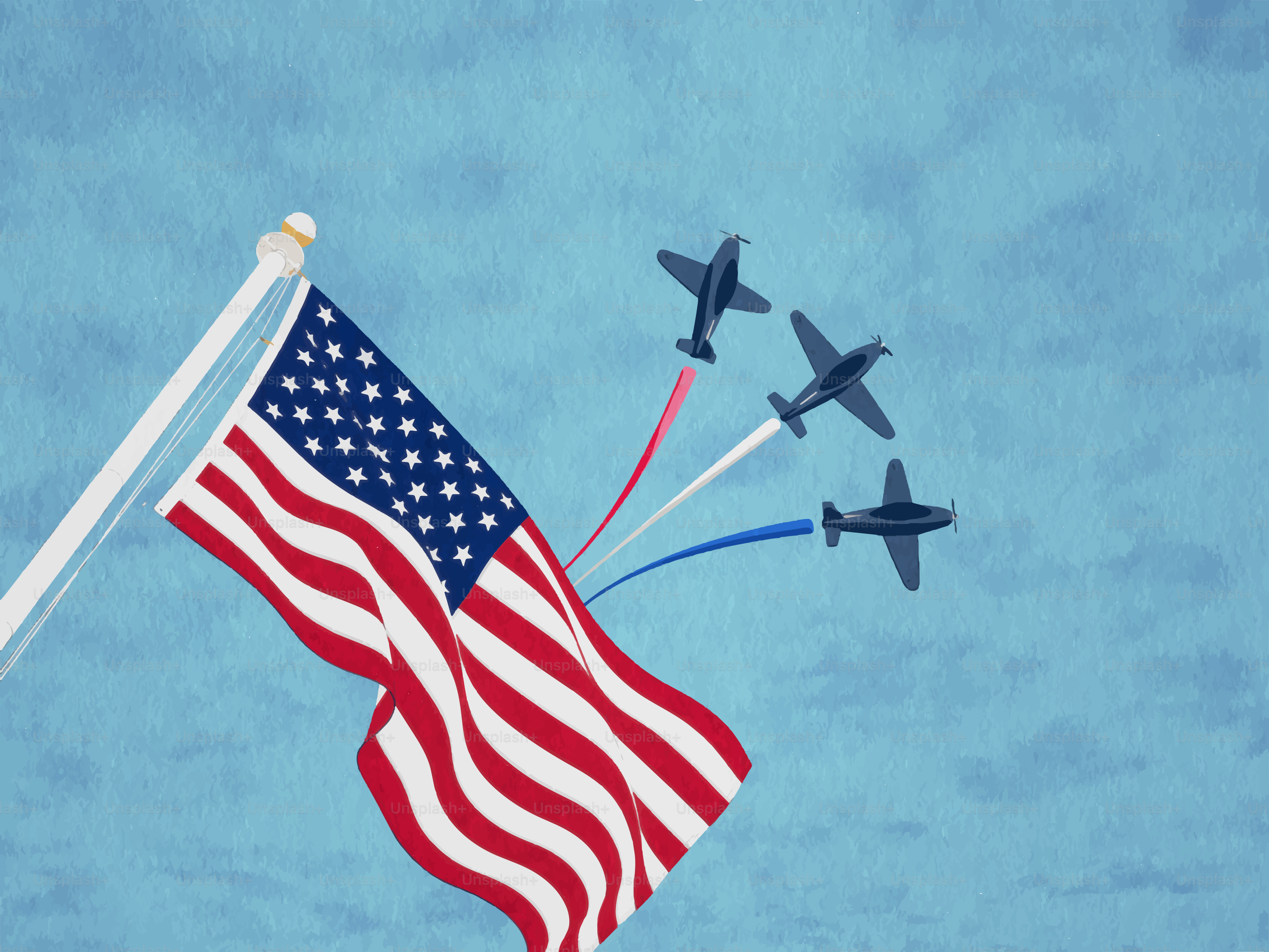 American flag with three planes flying past