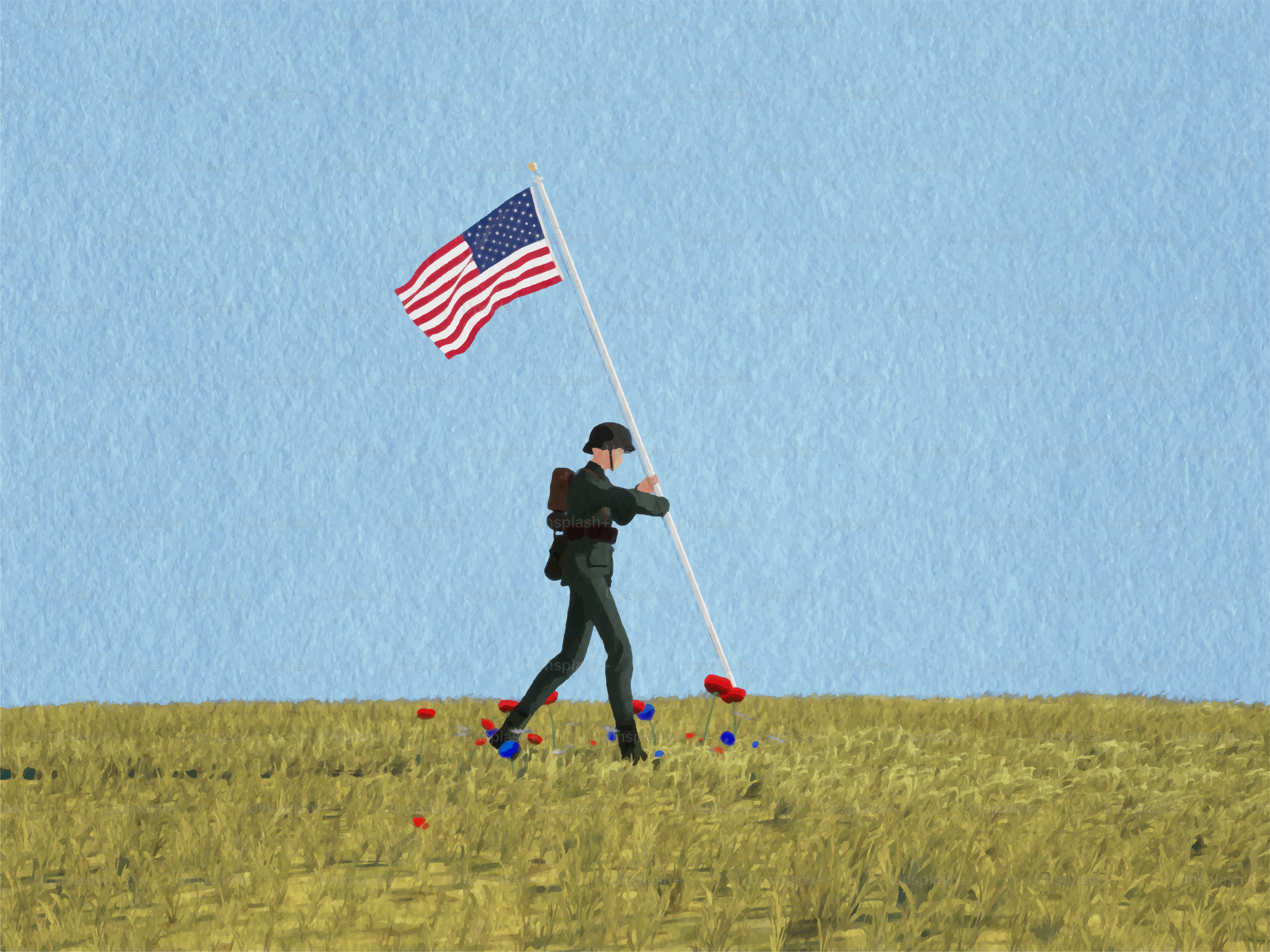 制服を着た男が芝生の野原をアメリカ国旗を運ぶ