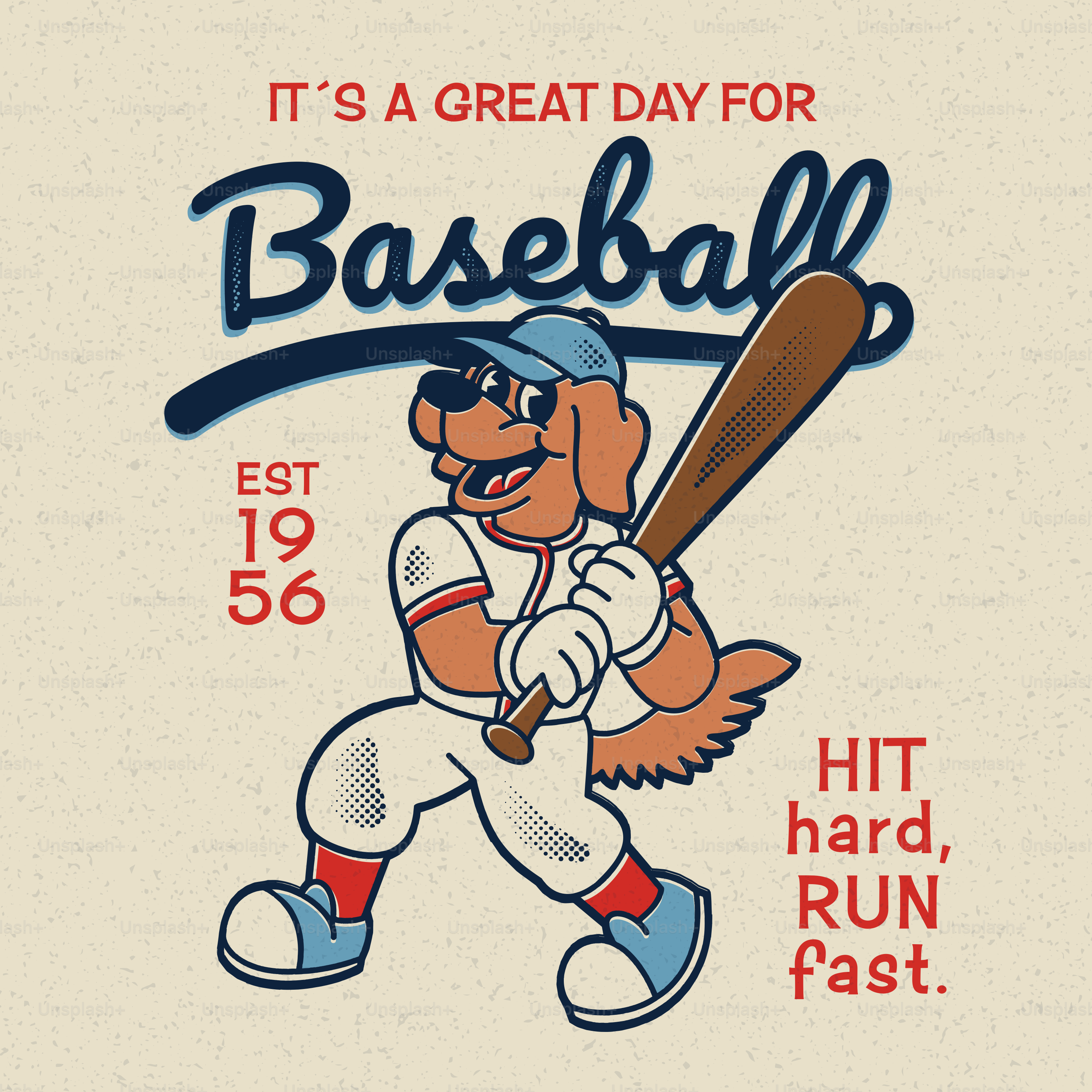 Cartoon dog in baseball uniform swinging bat