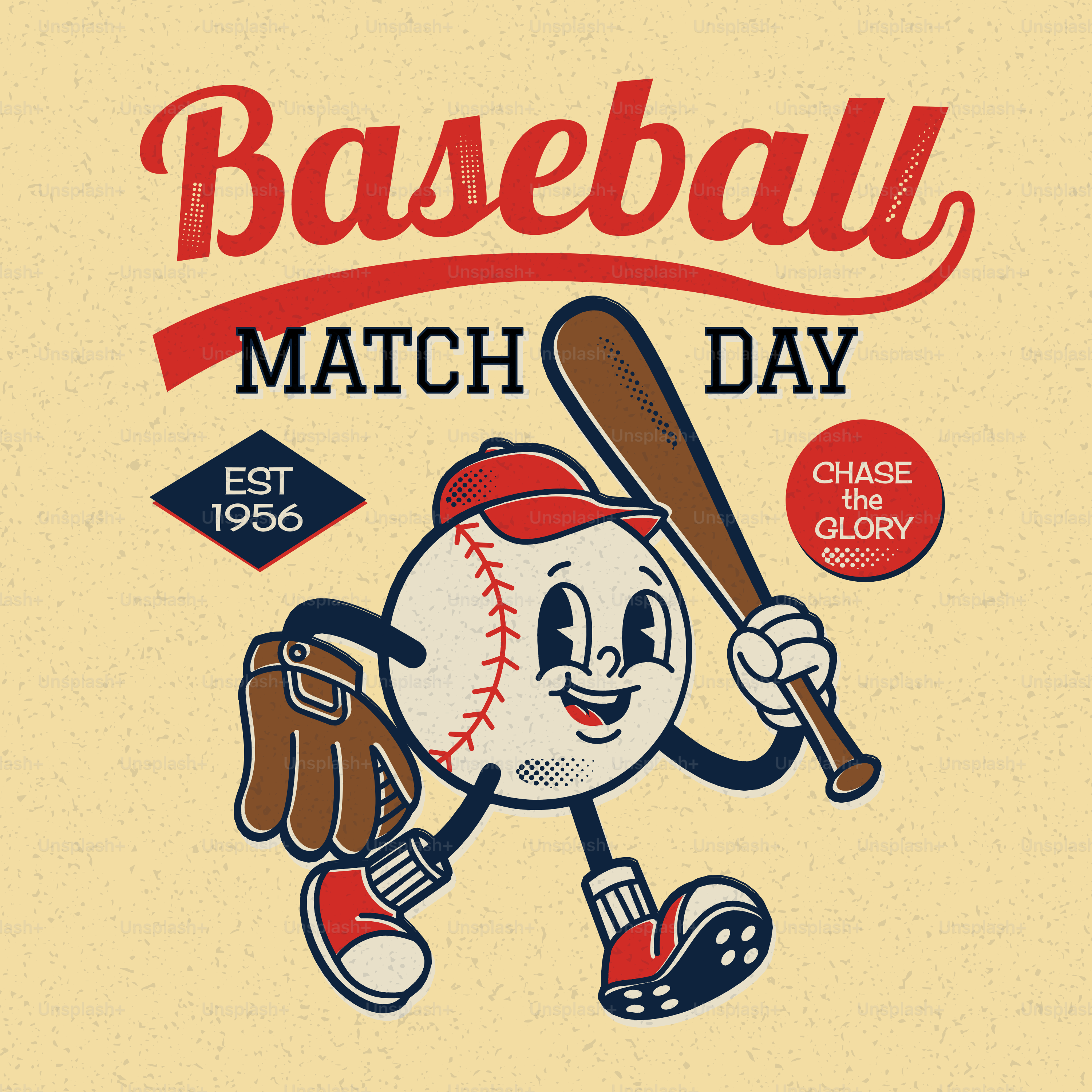 Retro baseball character with bat and glove.