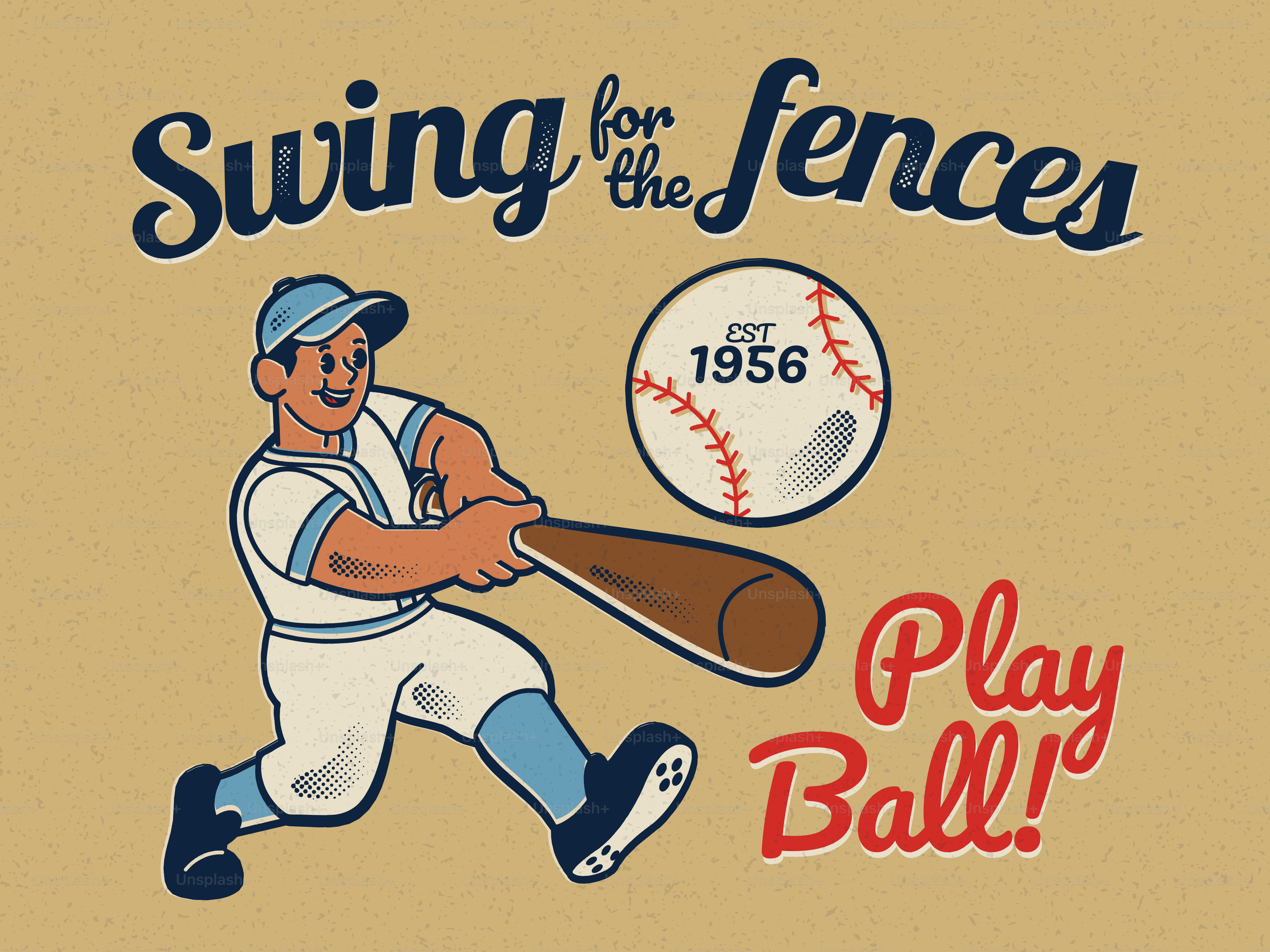 Vintage baseball player swinging bat with text