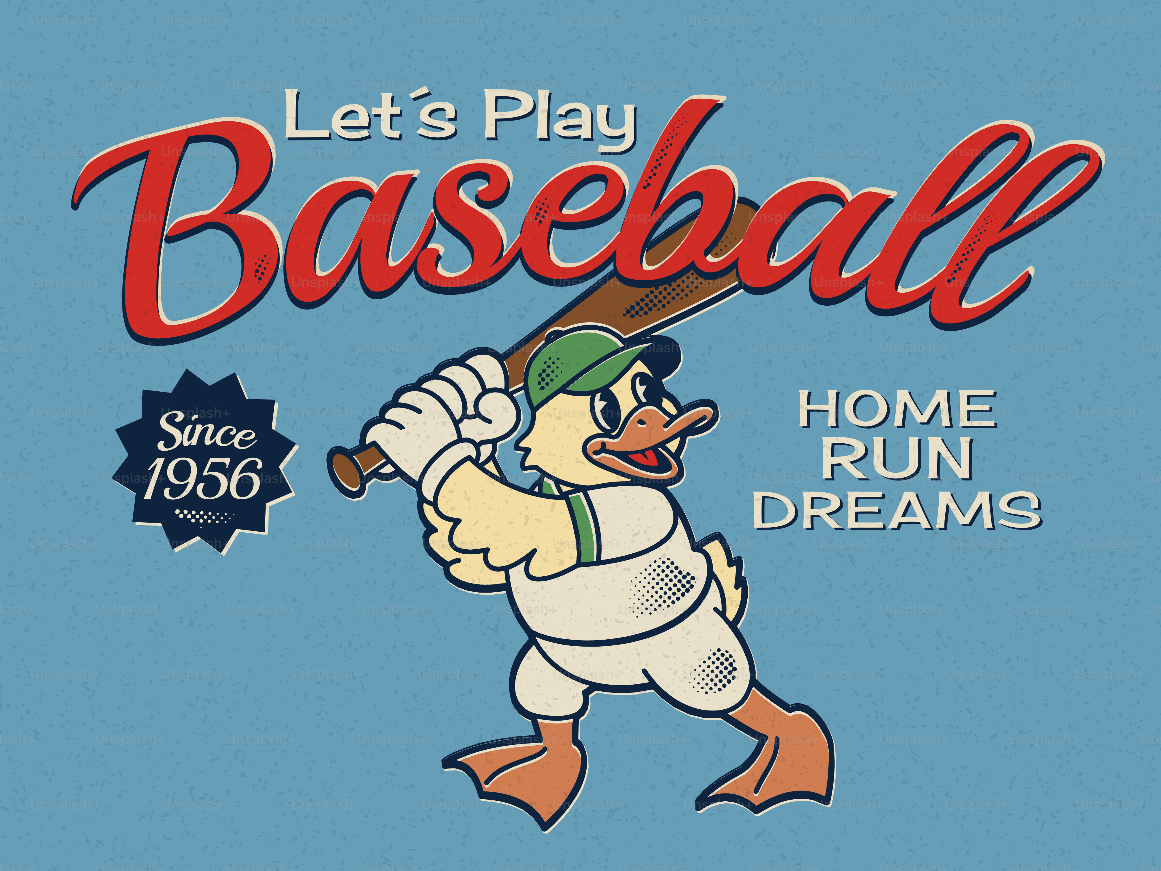 Cartoon duck playing baseball with "let's play baseball" text.