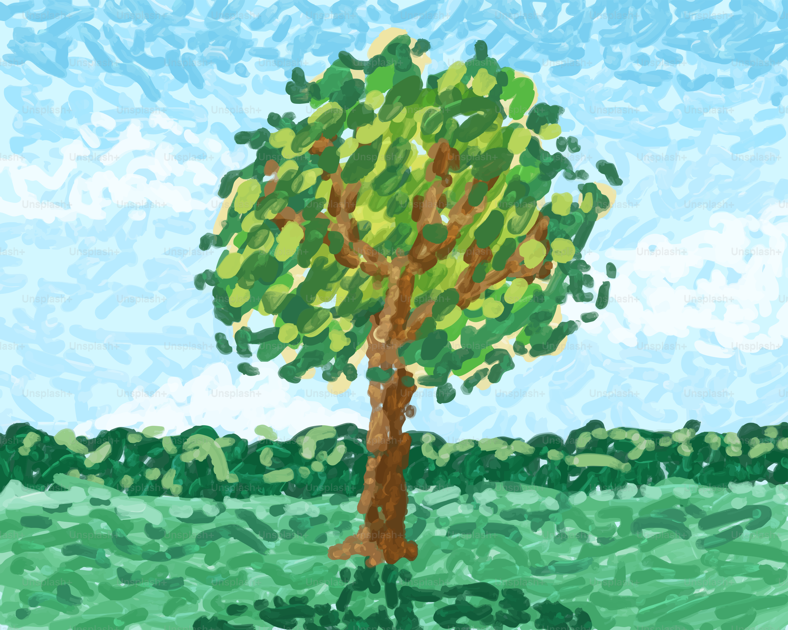 Un árbol estilizado se alza alto contra un cielo azul.