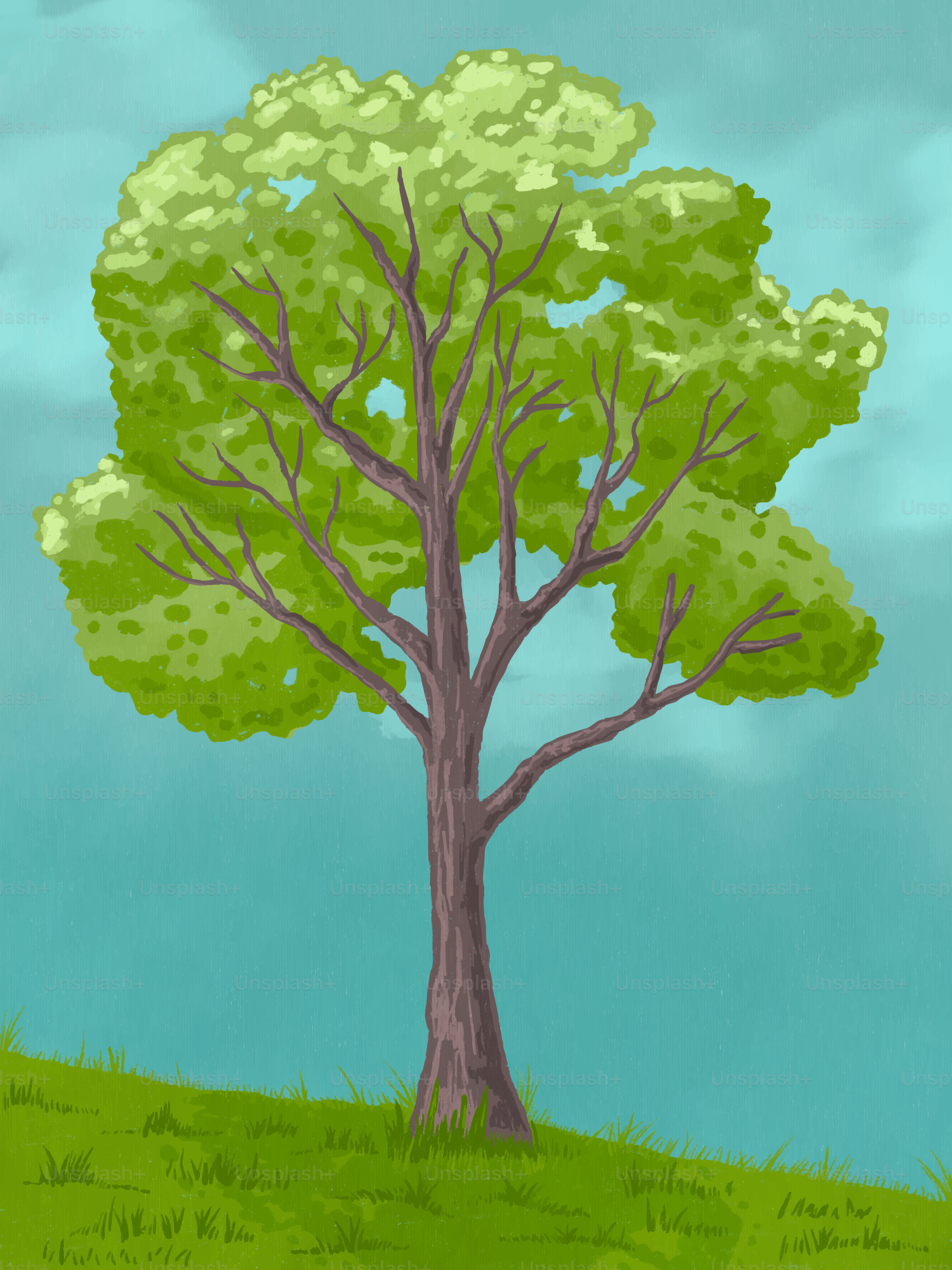Uma árvore solitária está em uma colina gramada.