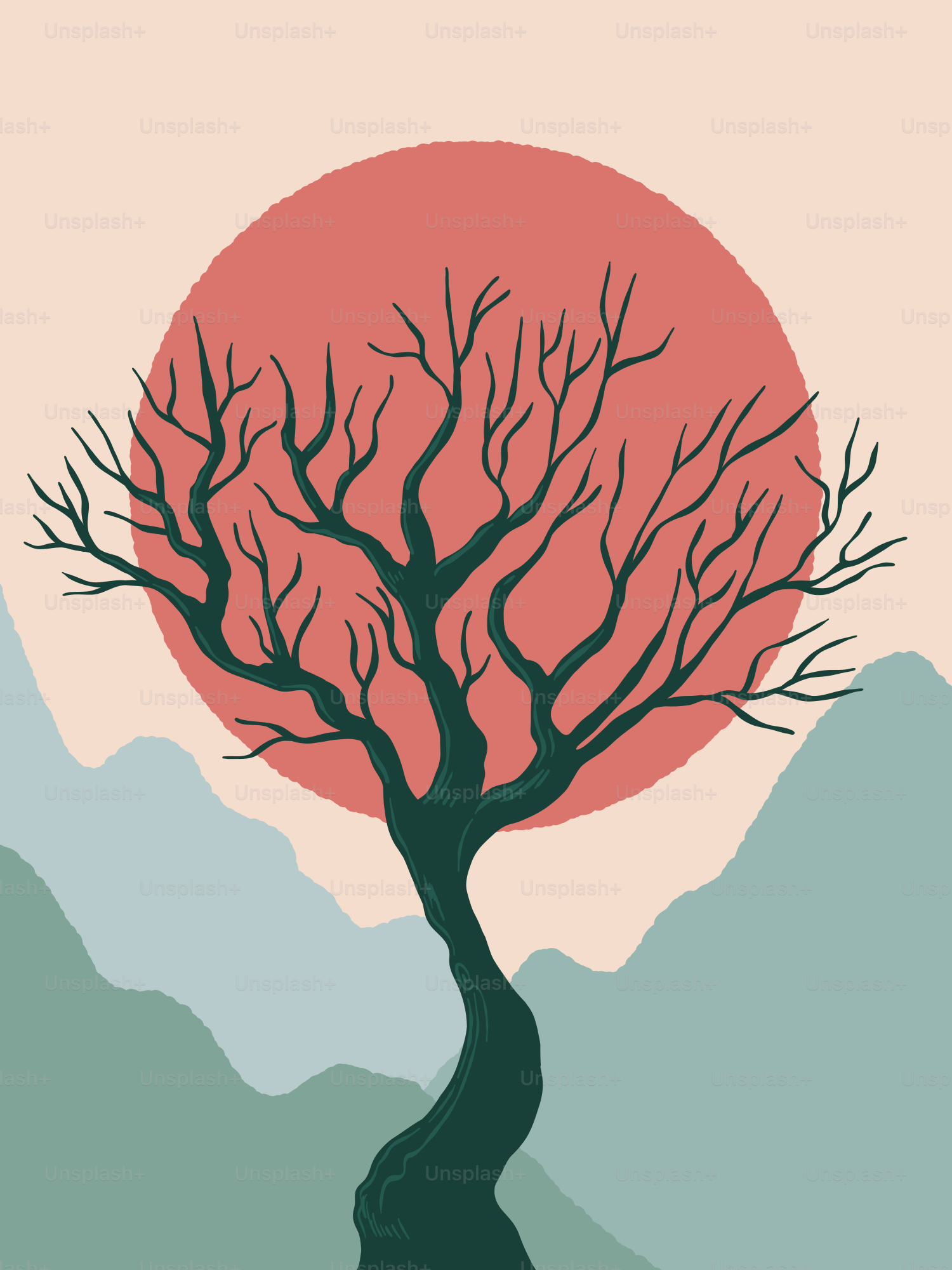 Bare tree silhouetted against a large, muted red sun.