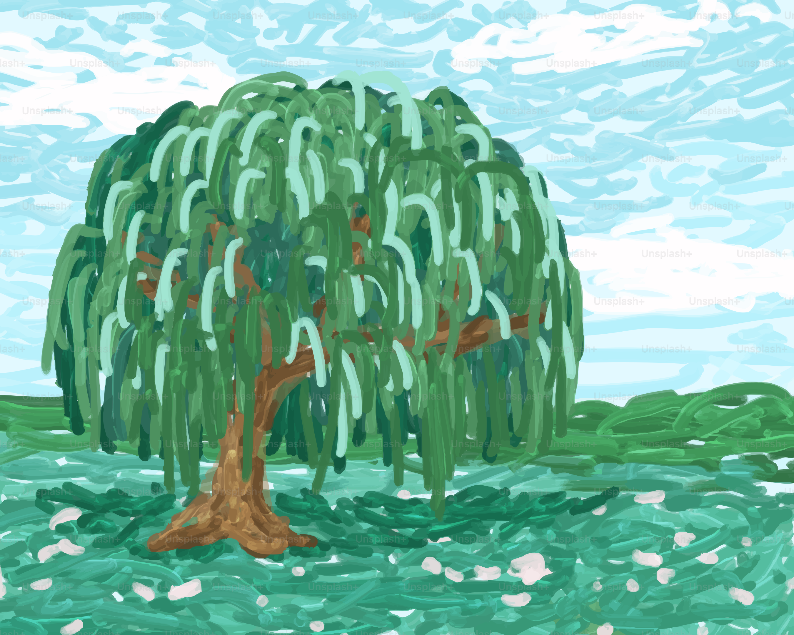 A weeping willow tree in a grassy field.