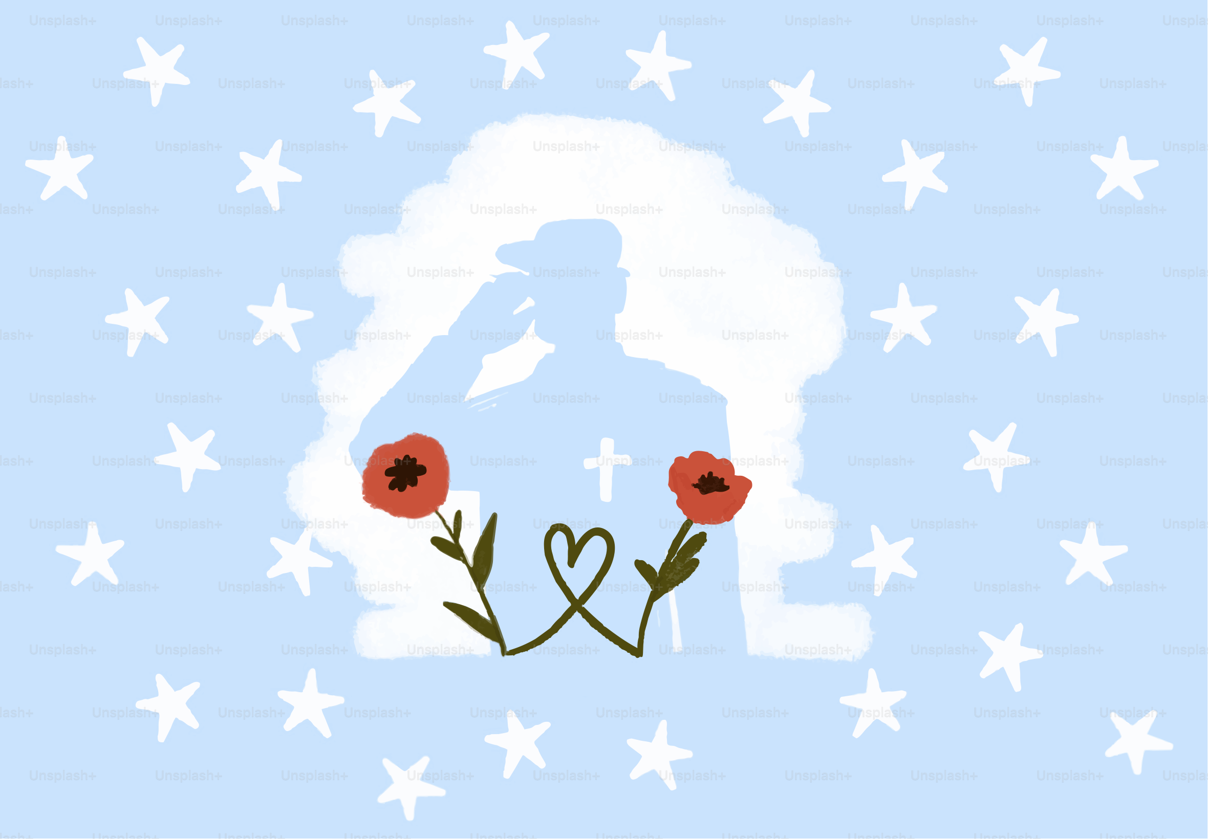 Silhouette d’un soldat saluant avec des coquelicots et une croix.