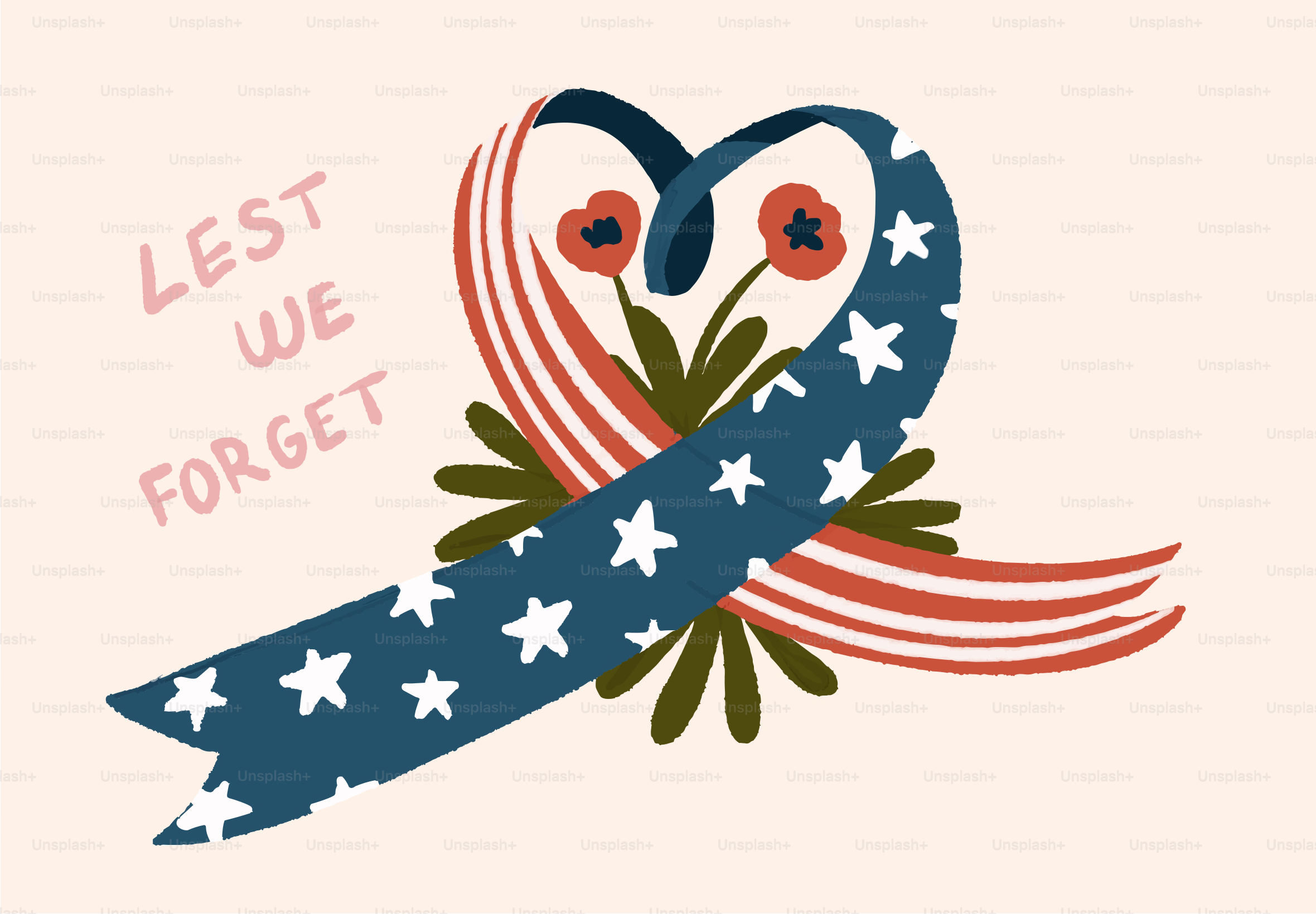 Ribbon with american flag colors and flowers, lest we forget.