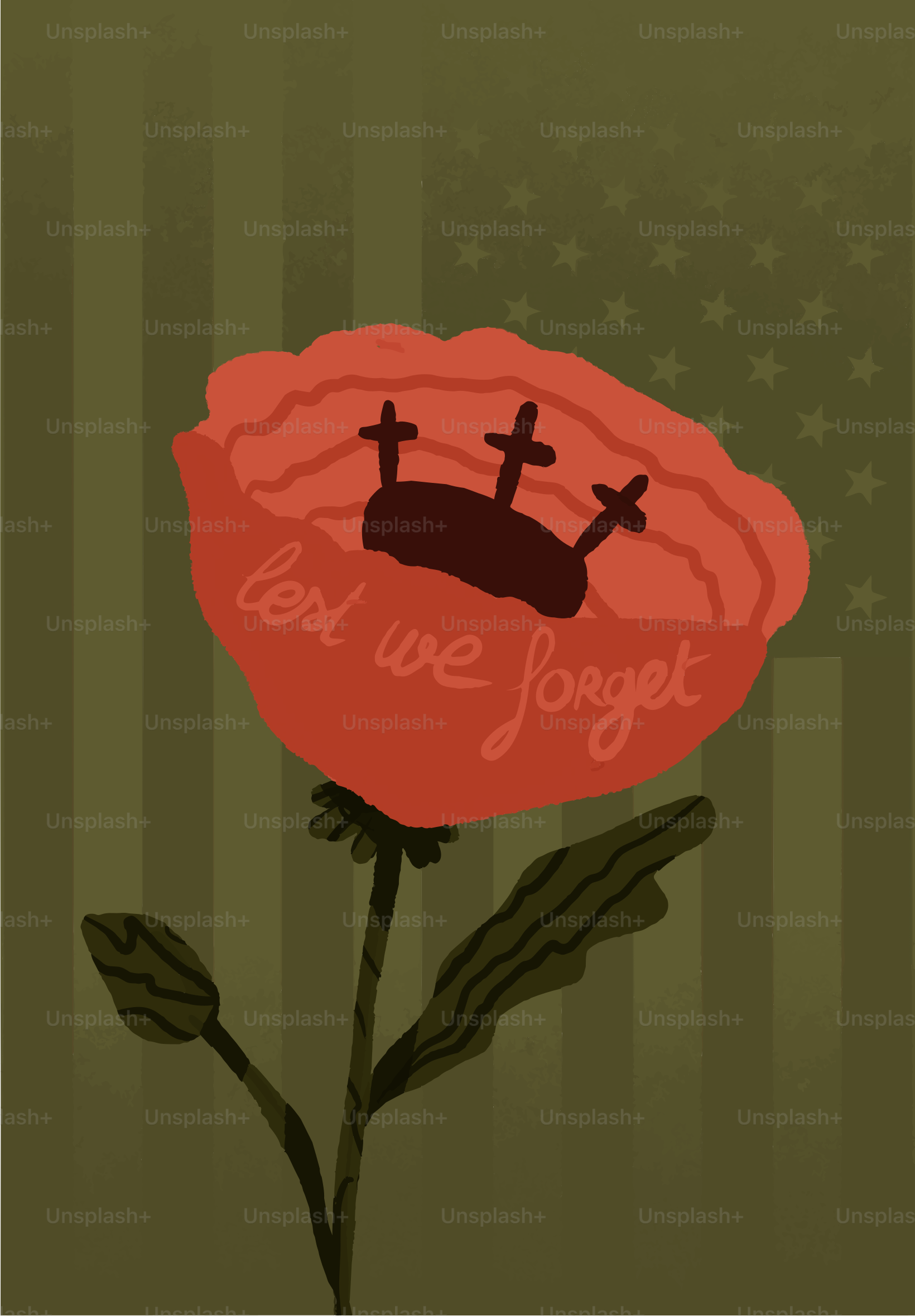 Red poppy with crosses and text 'lest we forget'.