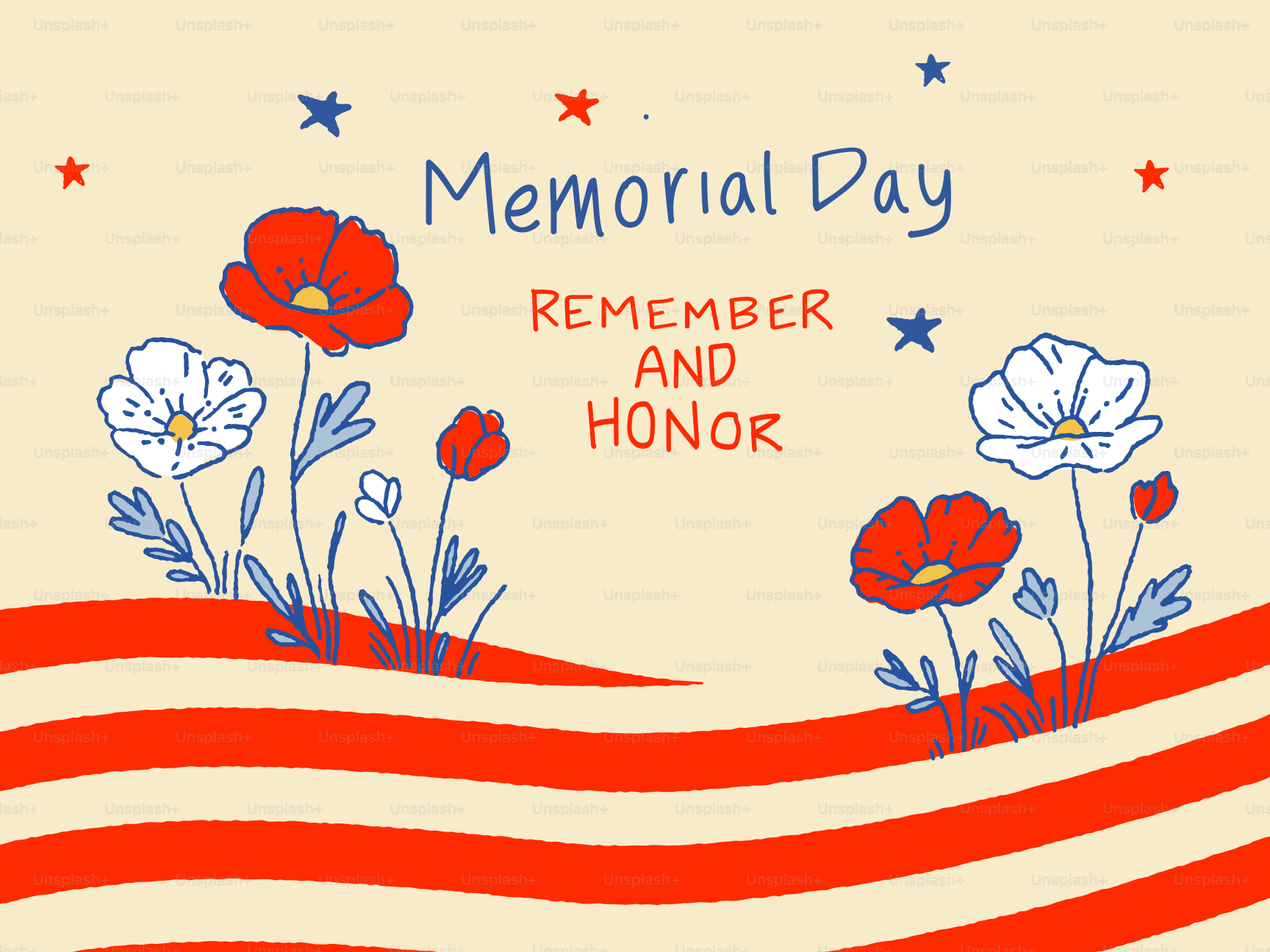 Ricordo del Memorial Day con papaveri e bandiera