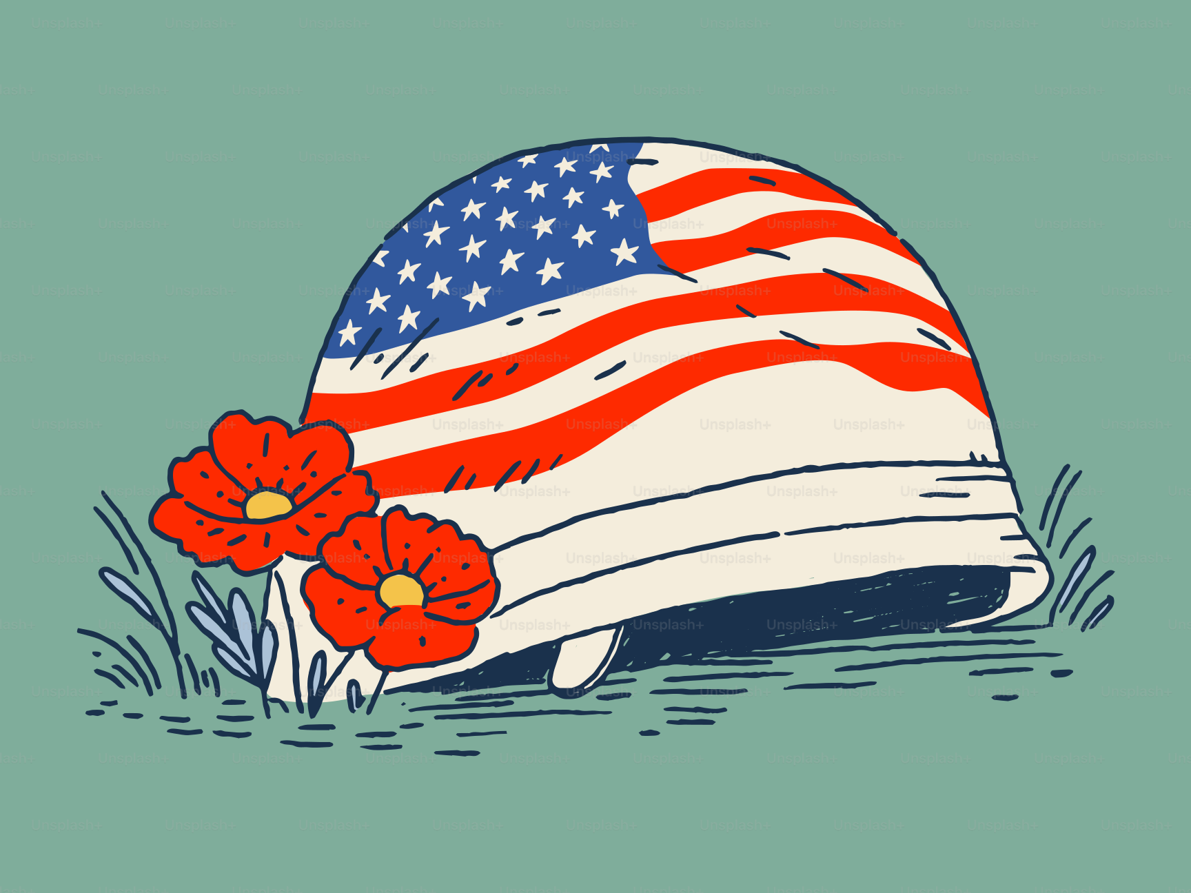 American flag helmet with poppies in grass