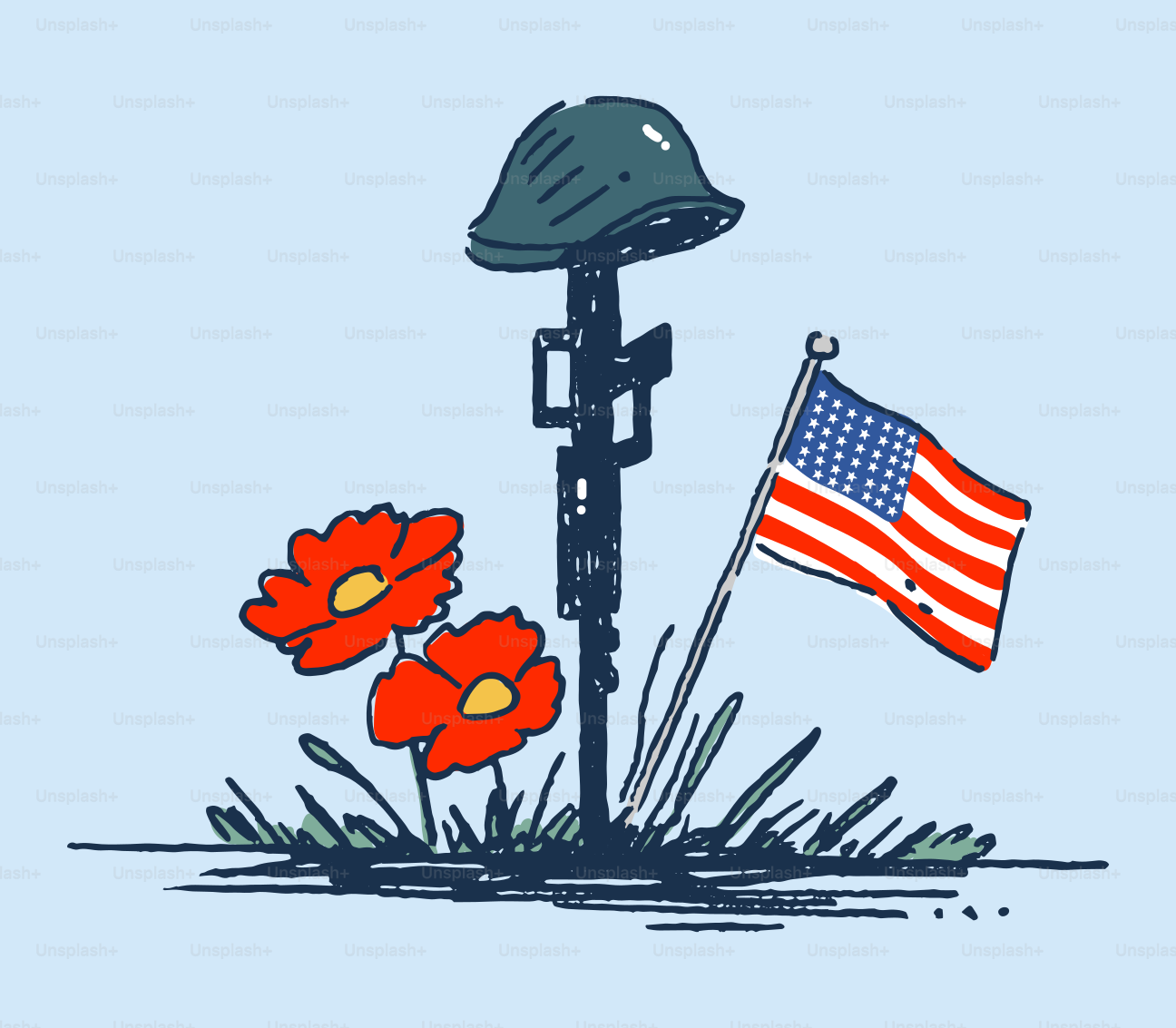 Memorial with helmet, poppies, and american flag.