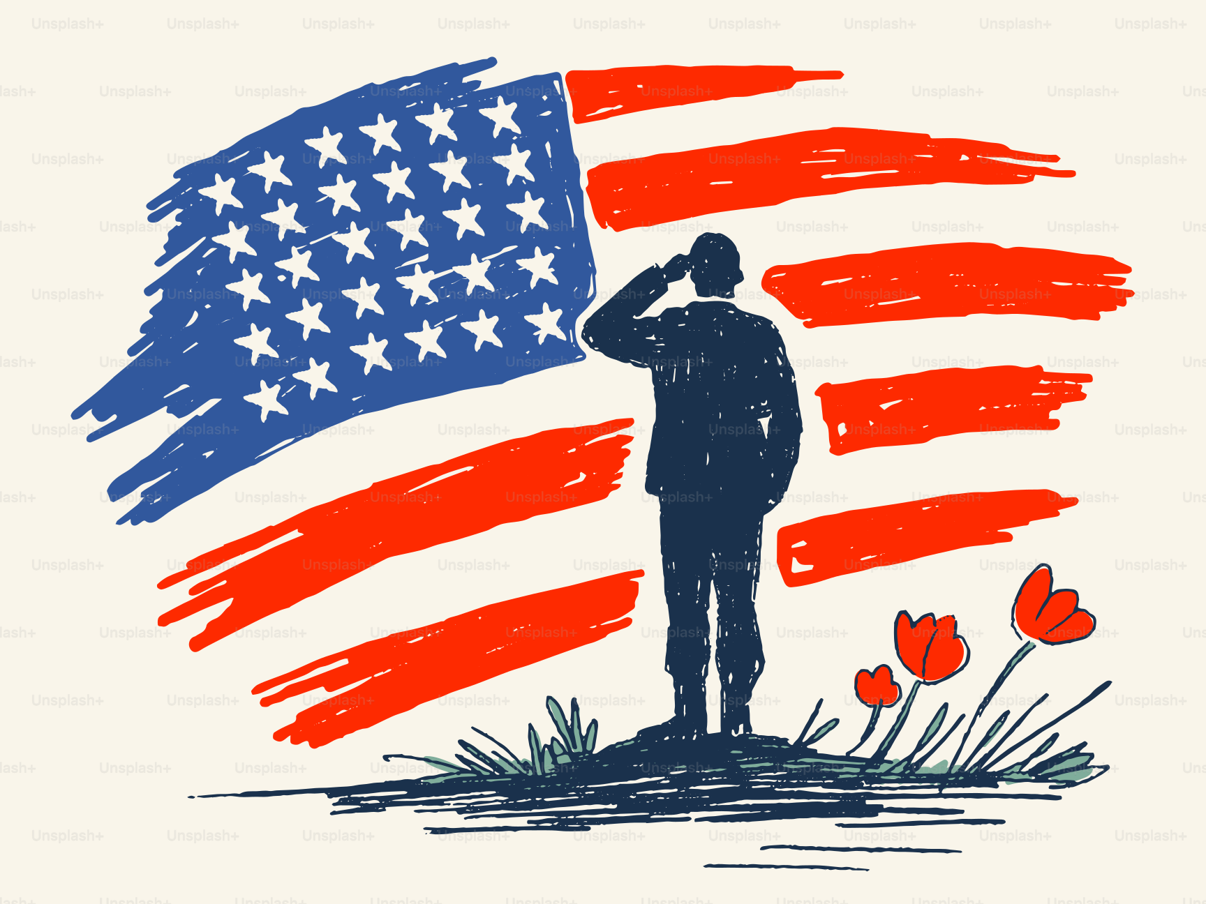 Soldato che saluta la bandiera americana con tulipani.
