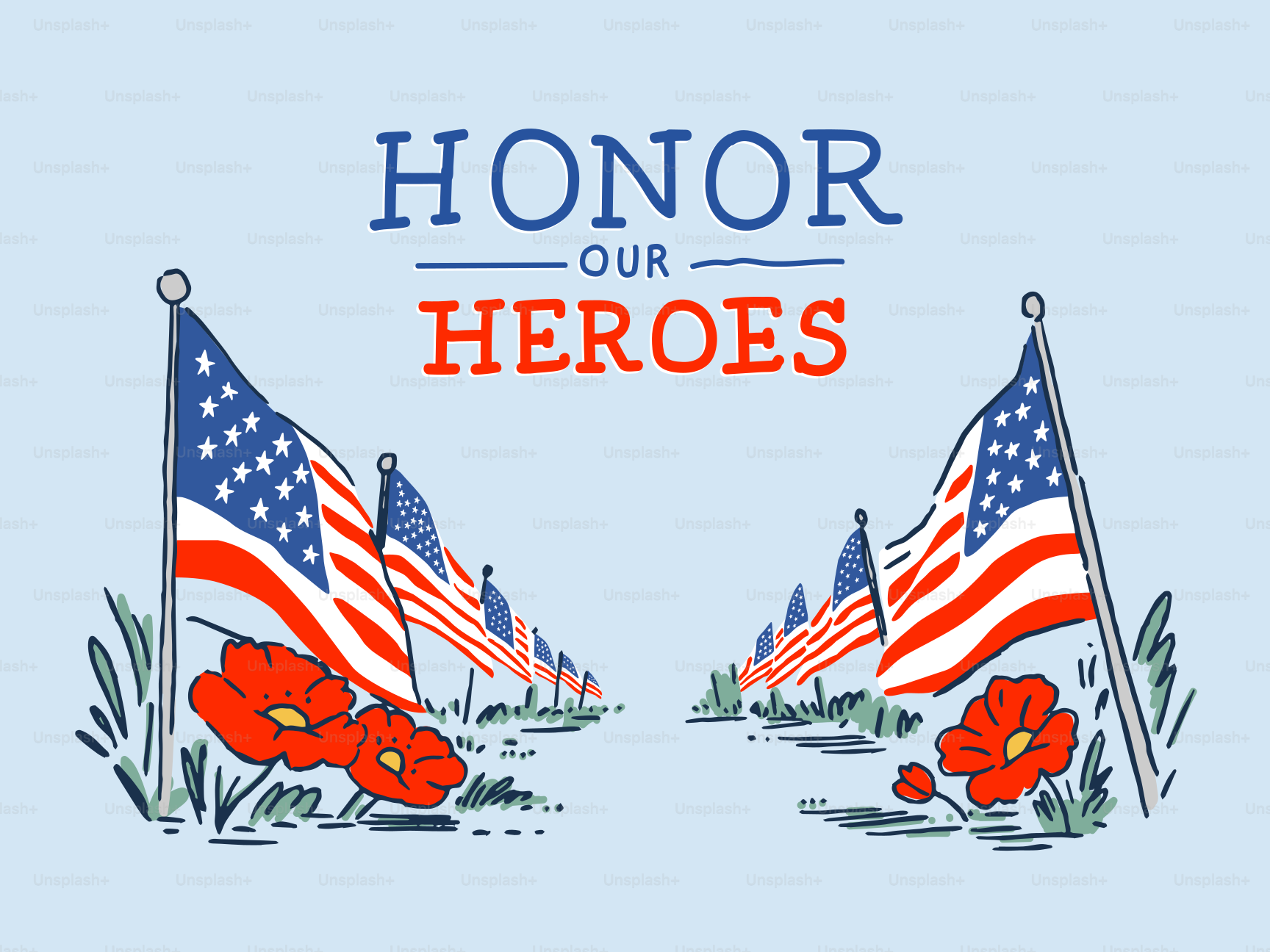Drapeaux américains et coquelicots avec le texte « honorez nos héros »