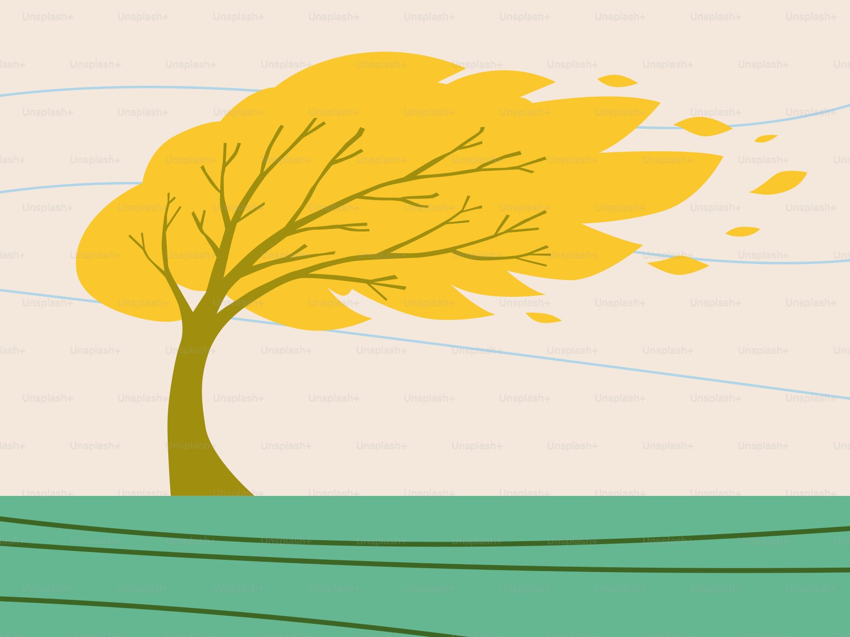 Un albero giallo che si piega al vento