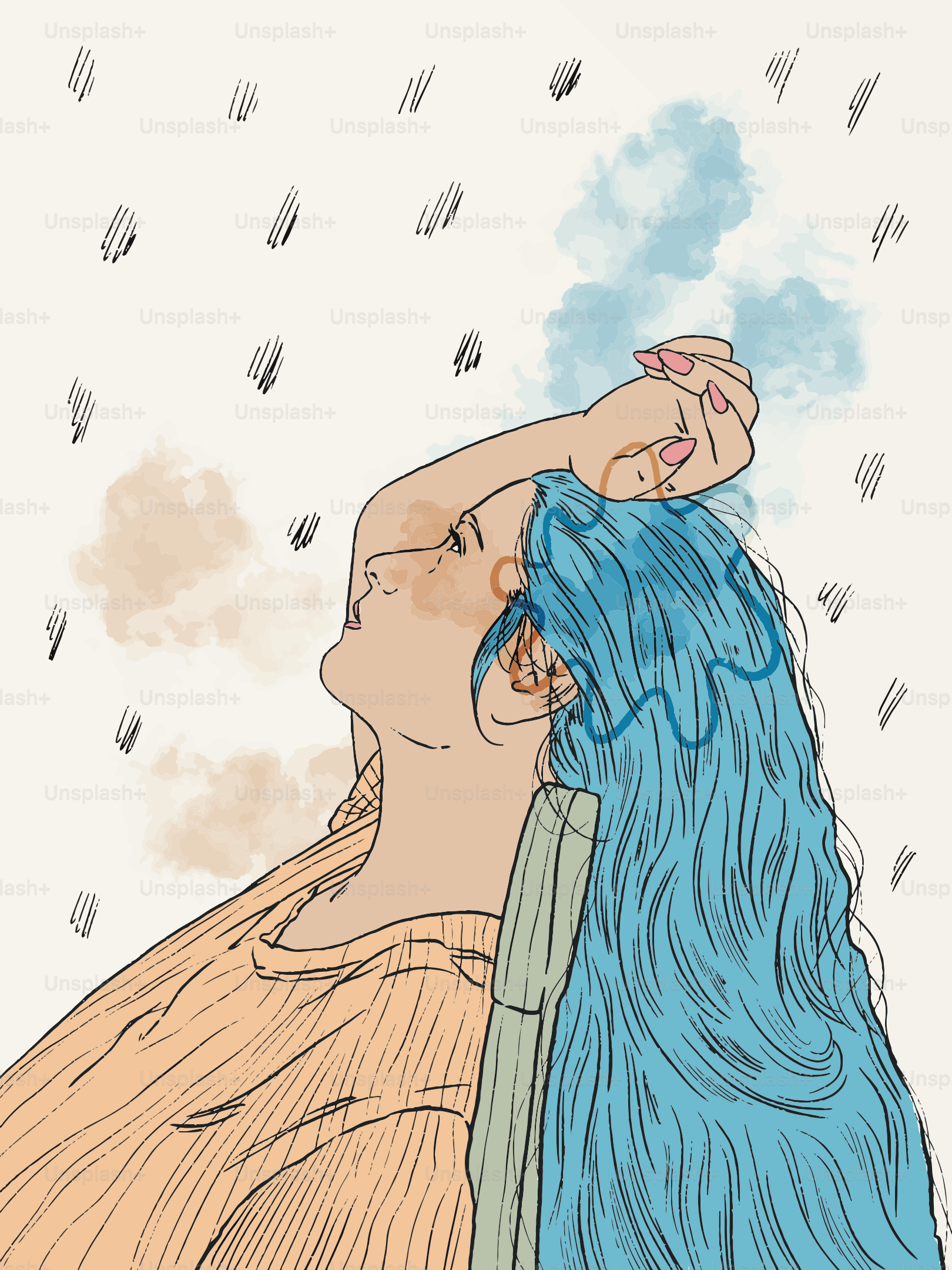 Woman with blue hair looking up at rain