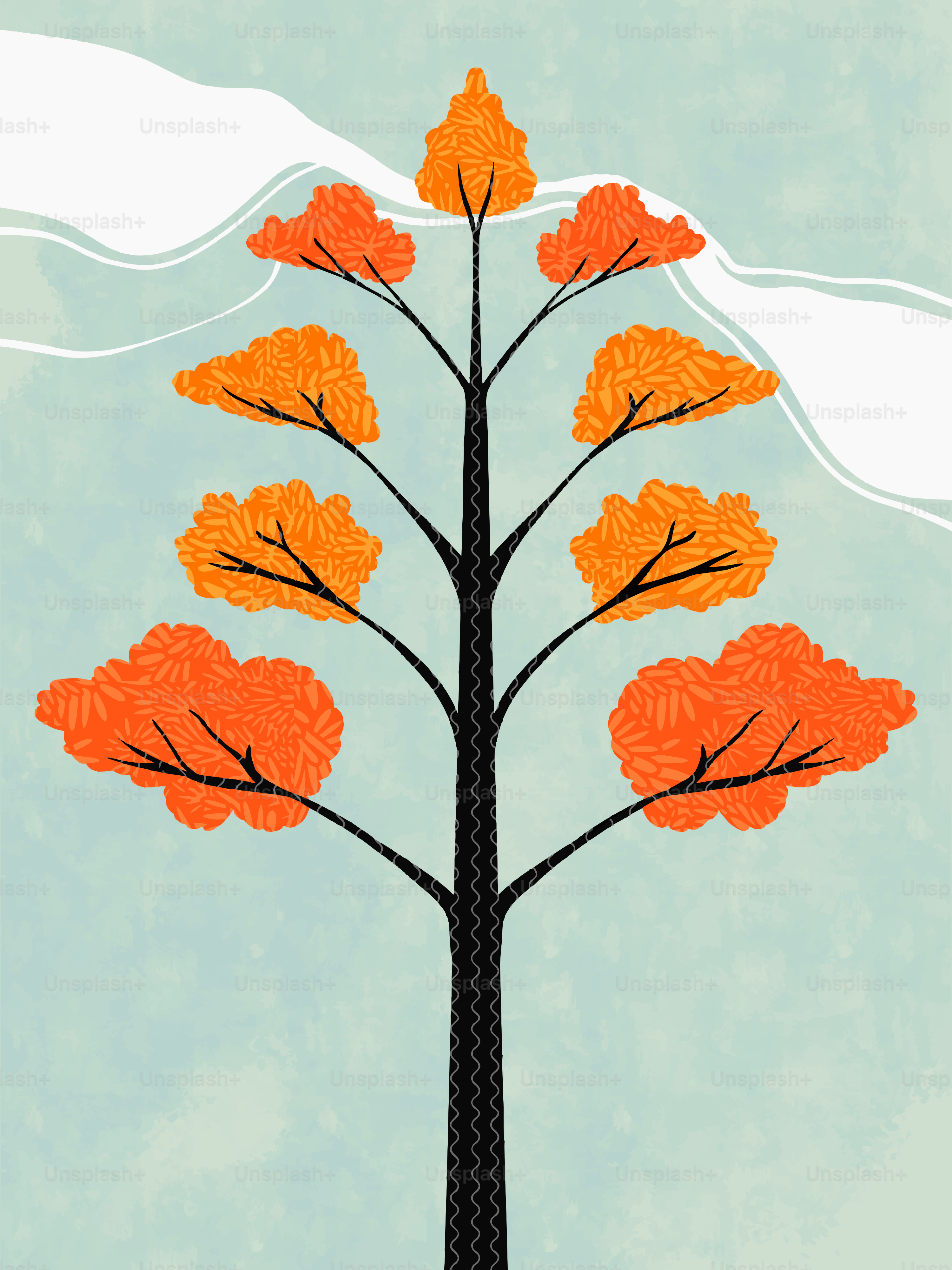 A stylized tree with orange leaves against a blue sky