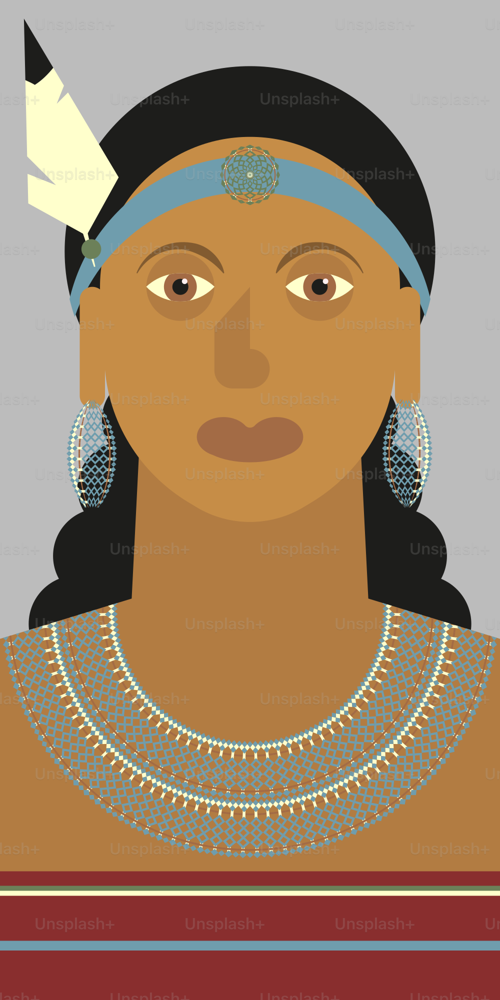 Woman with feather headband and ornate necklace