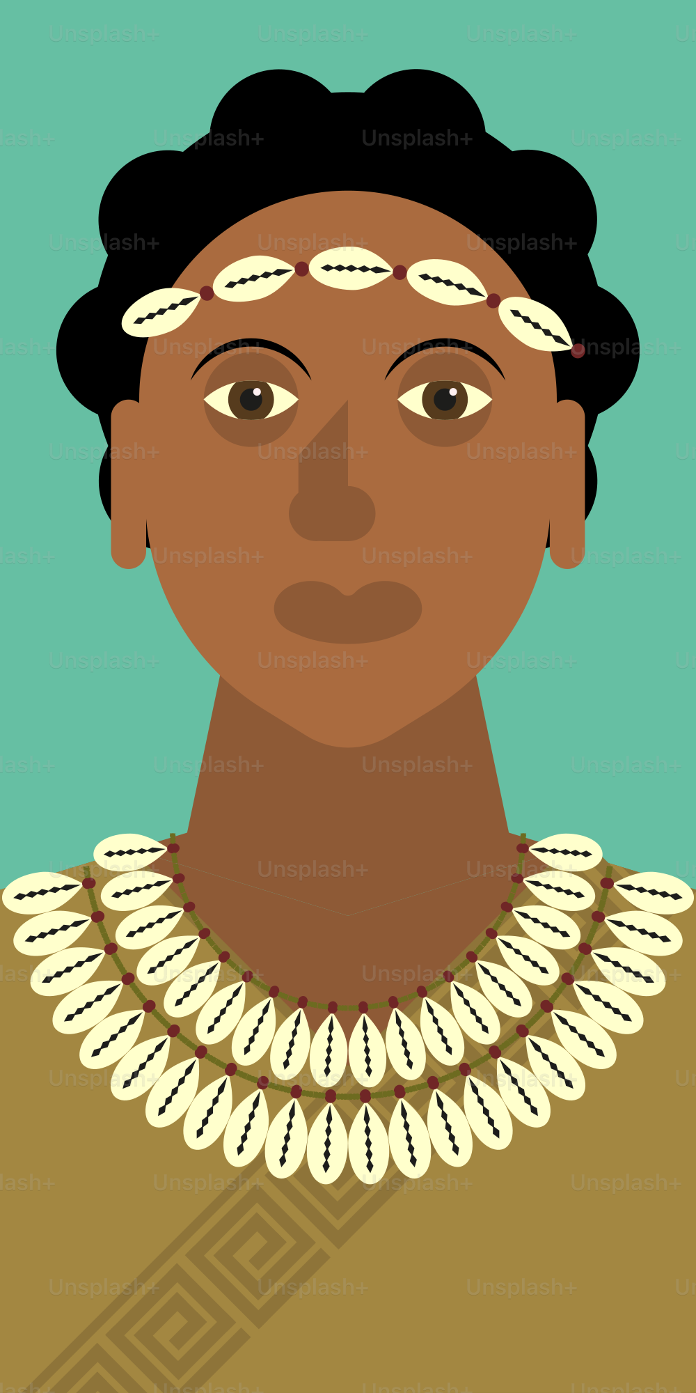 Person wearing shell necklace and headband