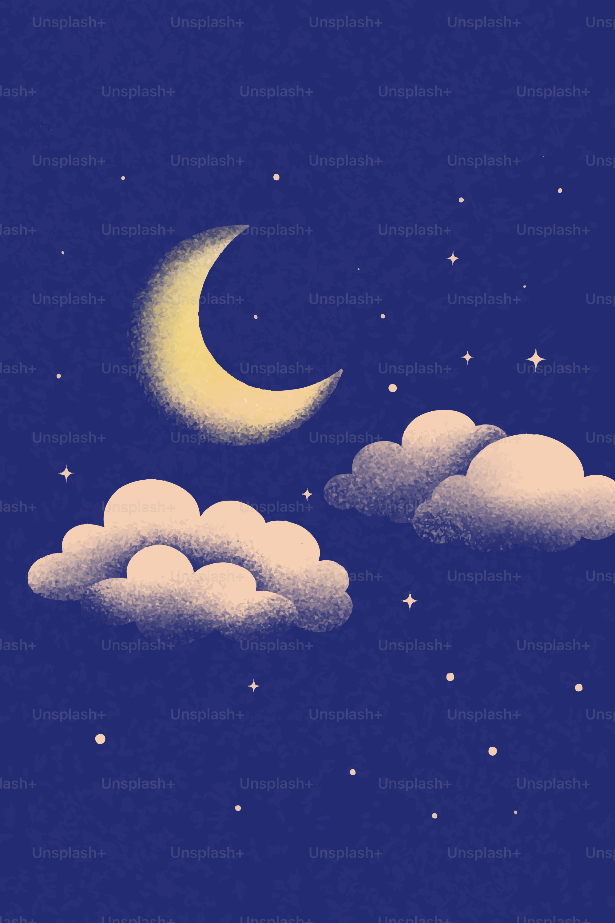Lua crescente com nuvens e estrelas no céu noturno