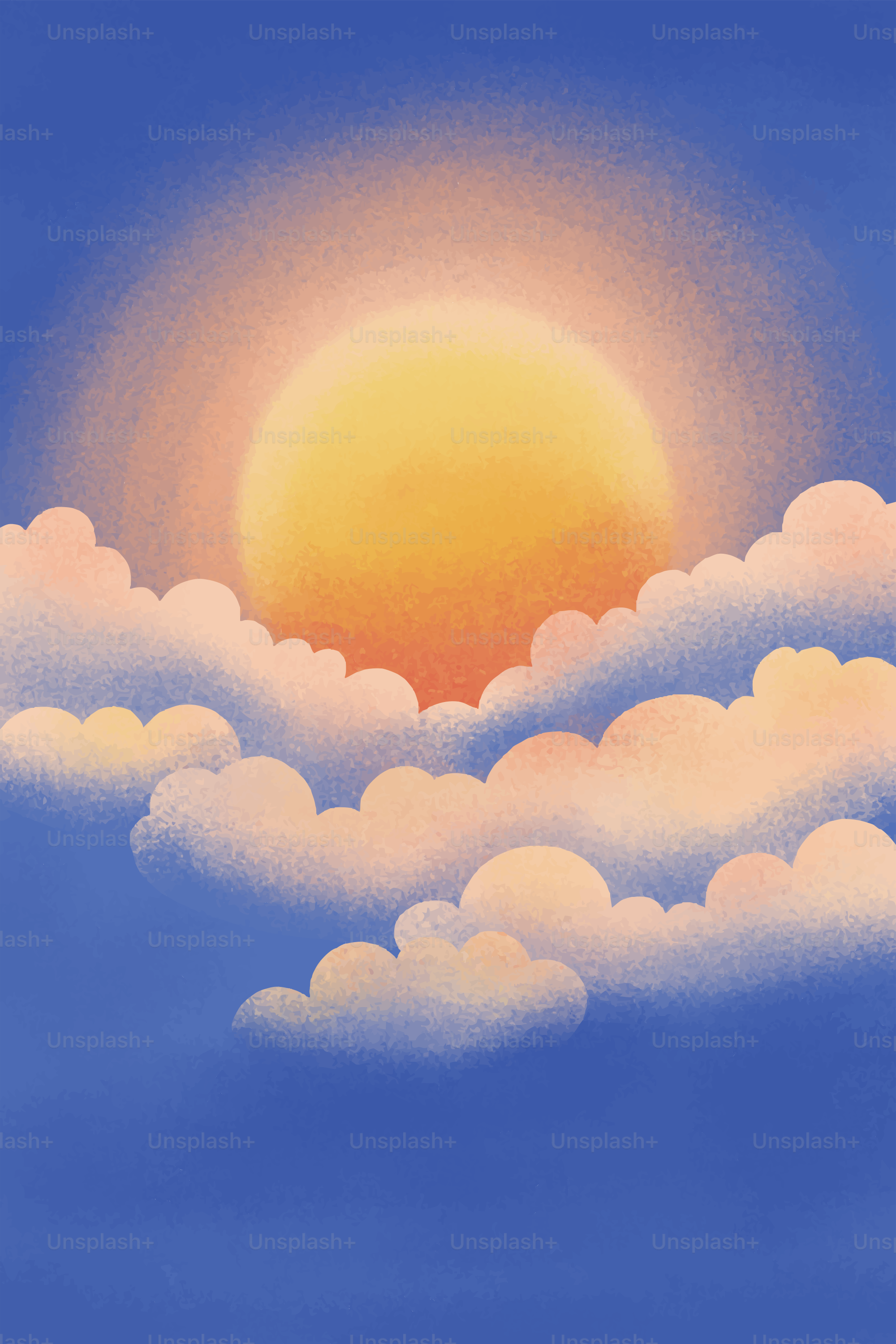 A bright sun peeking through fluffy clouds