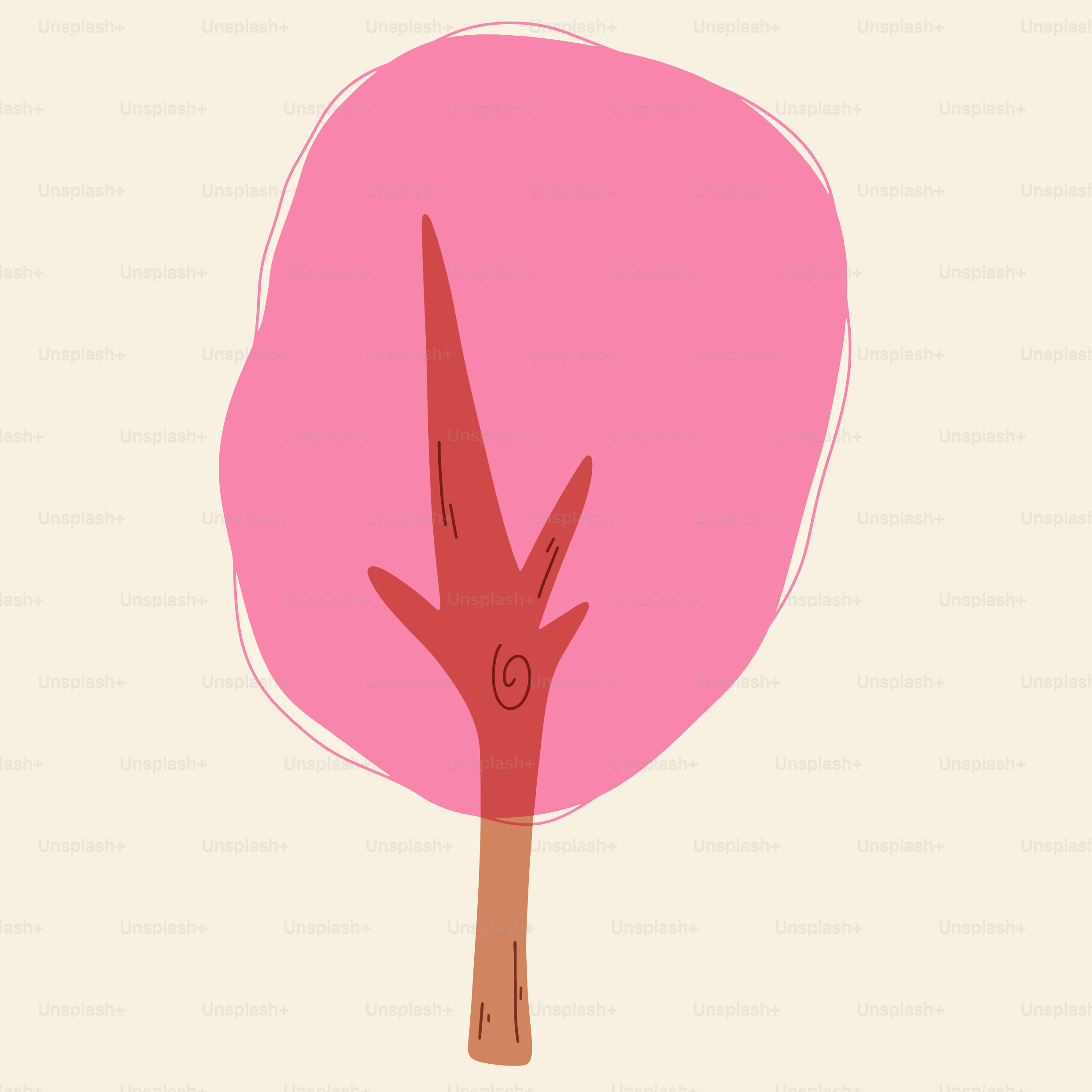 Stylized pink tree with brown trunk on cream background