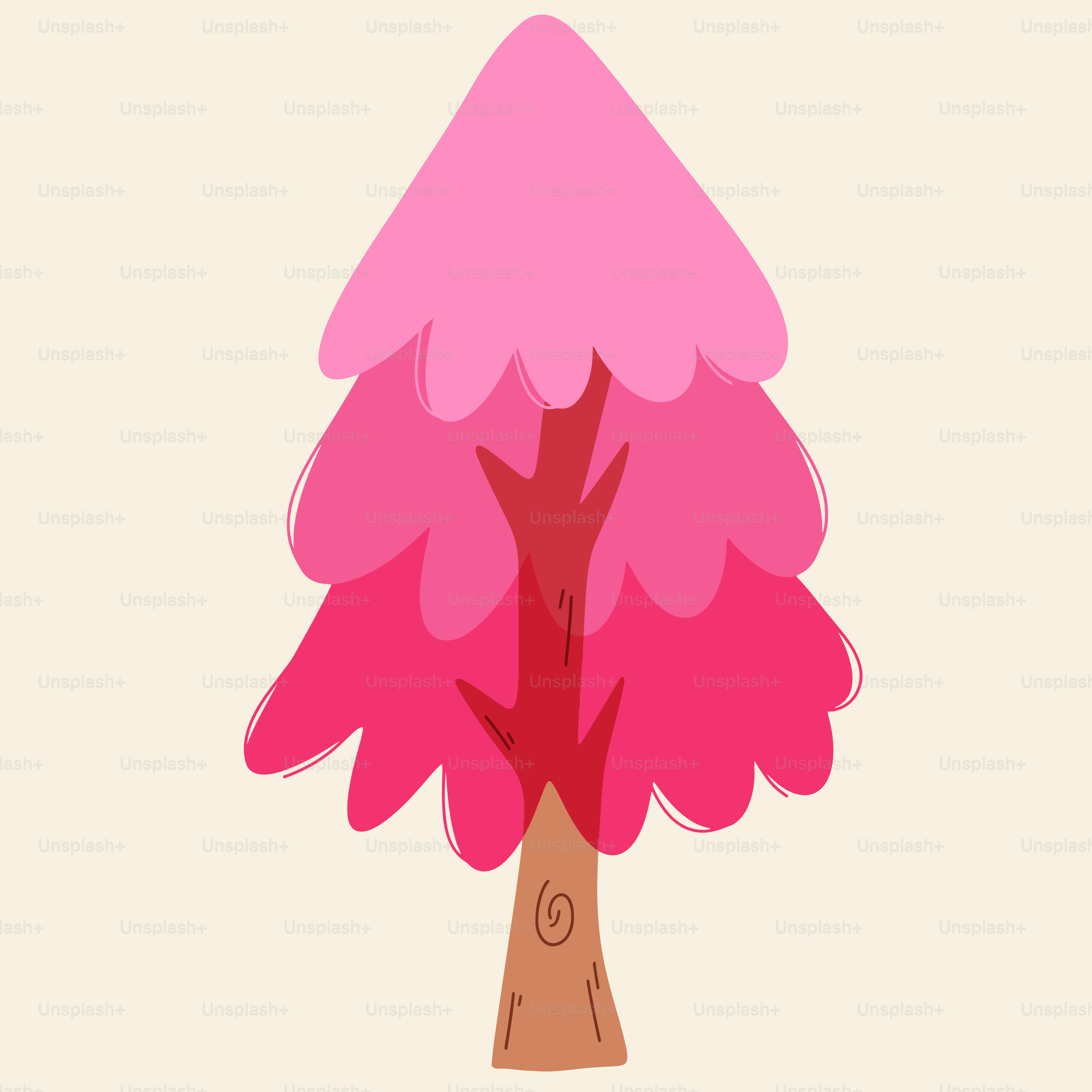 A stylized pink tree with a brown trunk.