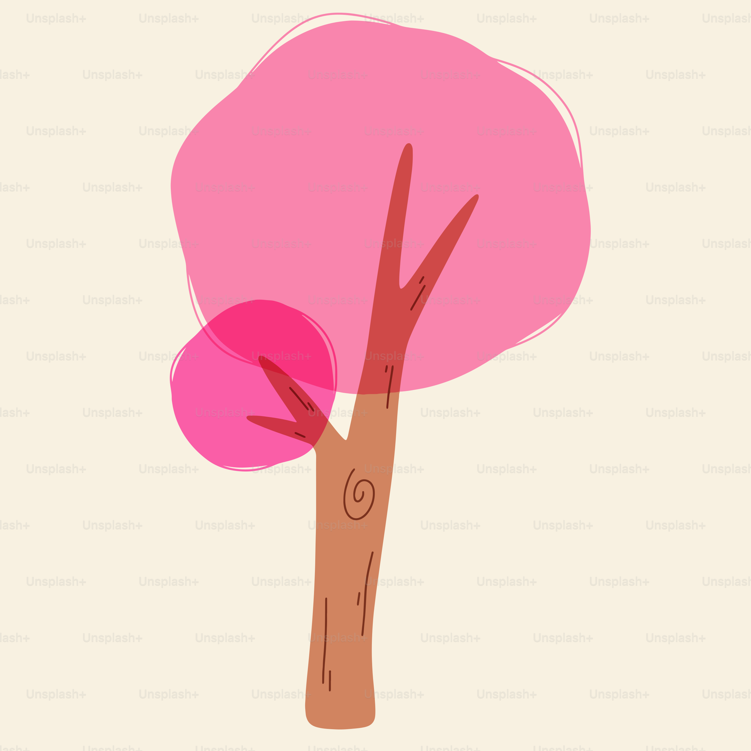 A stylized pink tree with a brown trunk.