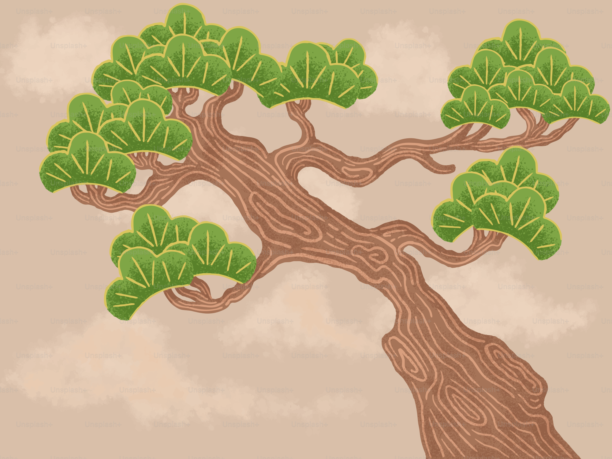 Un pin stylisé avec des aiguilles vertes et un tronc brun.