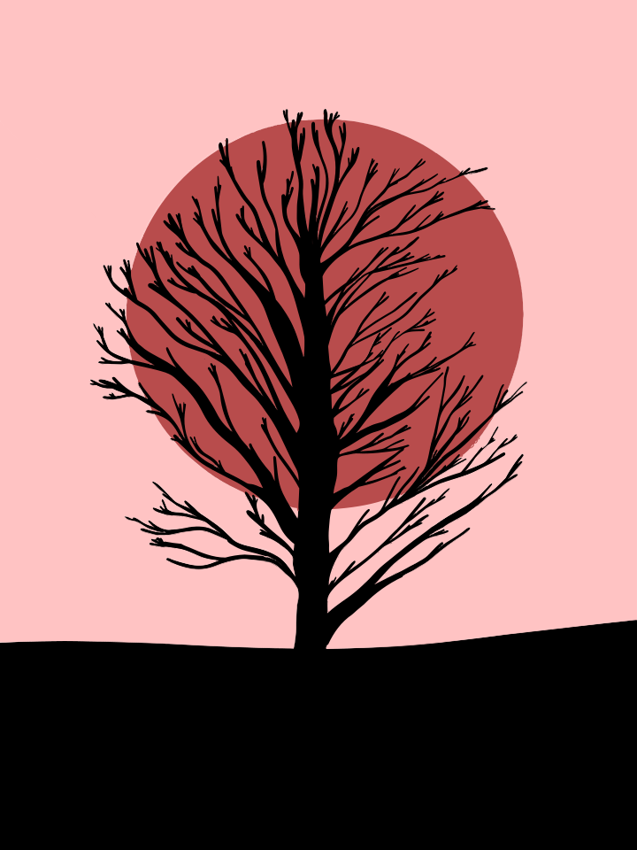 Silhouette of a bare tree against a large red circle.