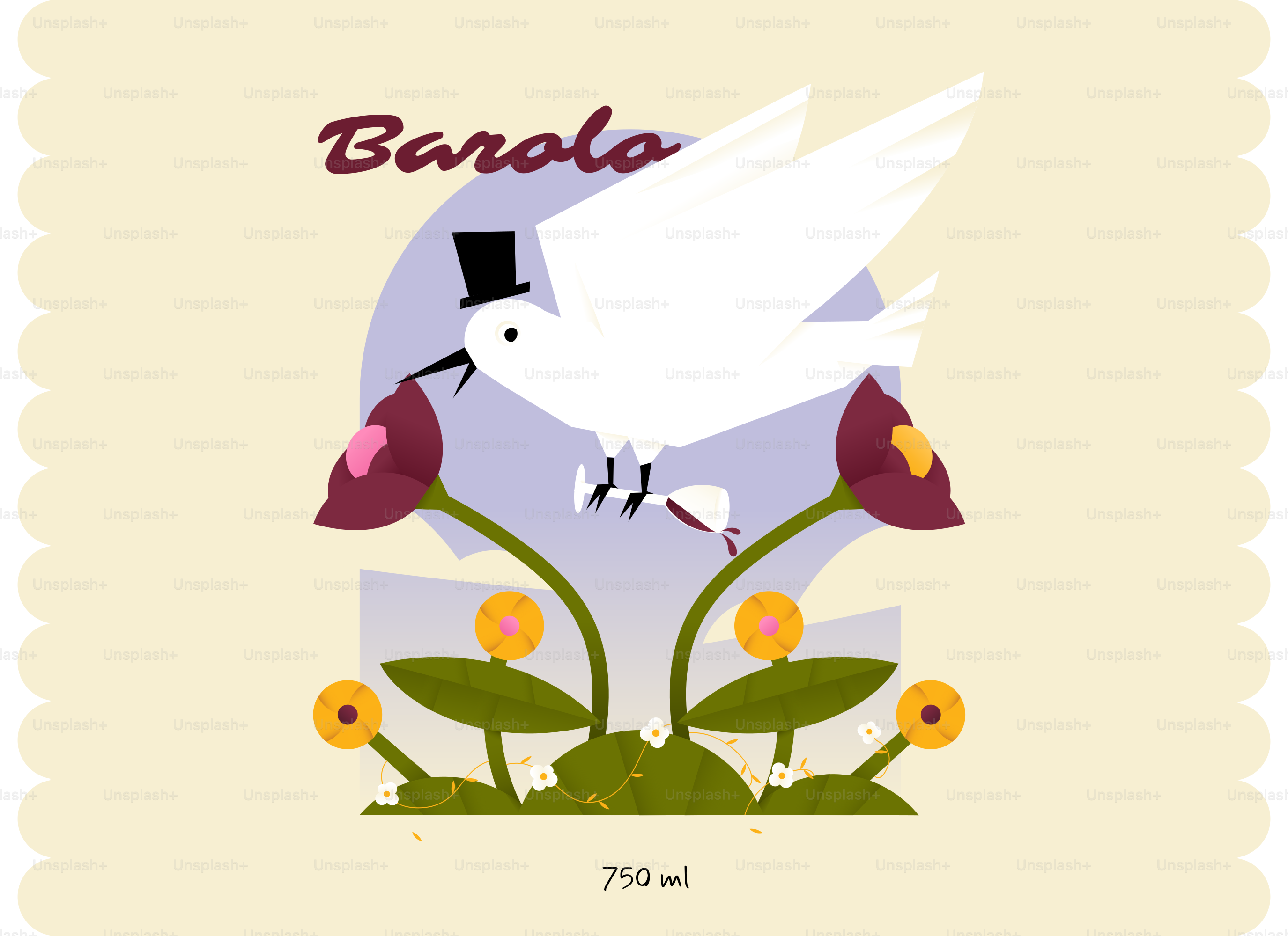 흰 새가 실크 모자를 쓴 꽃과 바롤로 문구가 있습니다