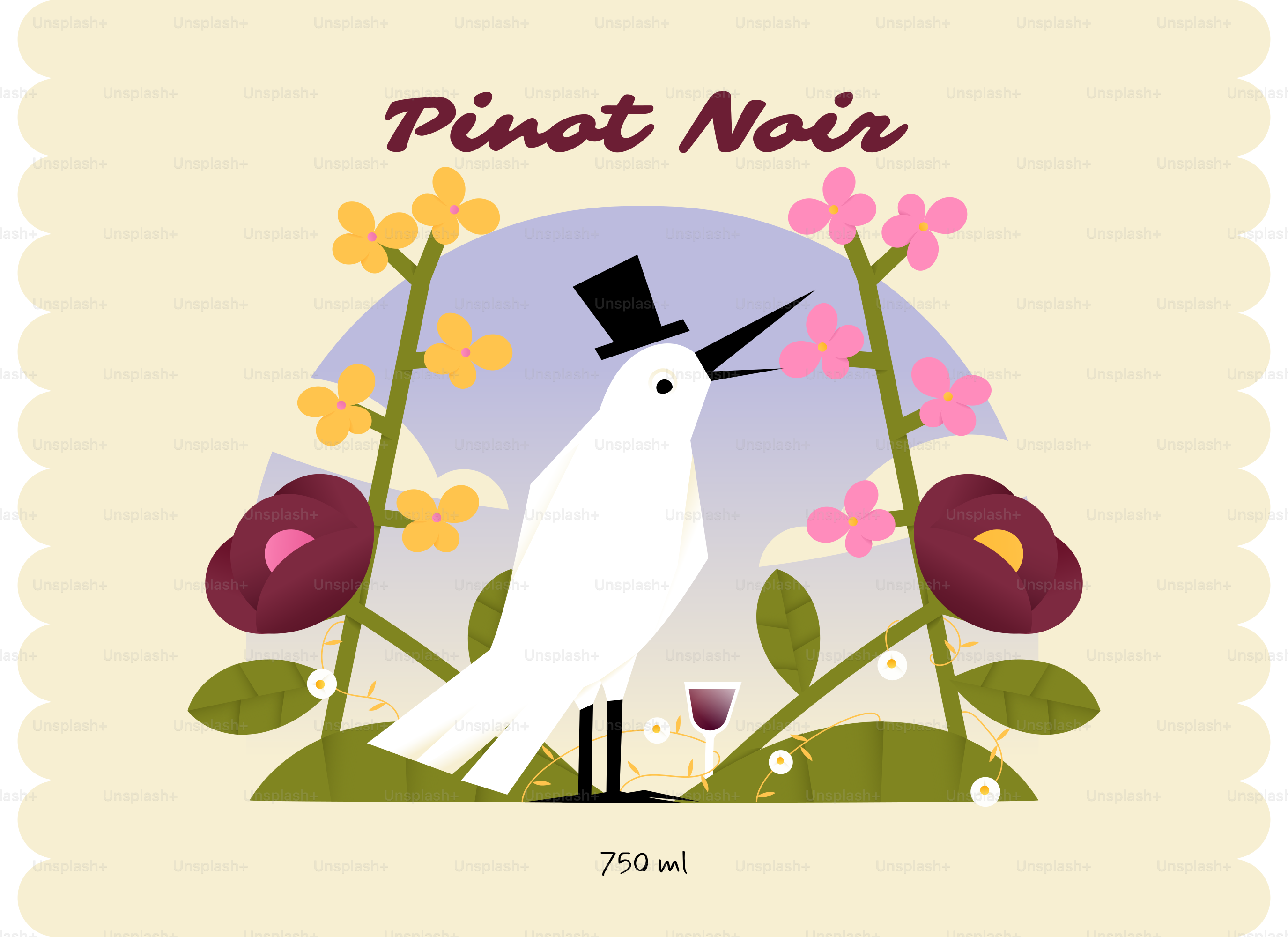 꽃과 와인잔을 든 모자를 쓴 흰 새