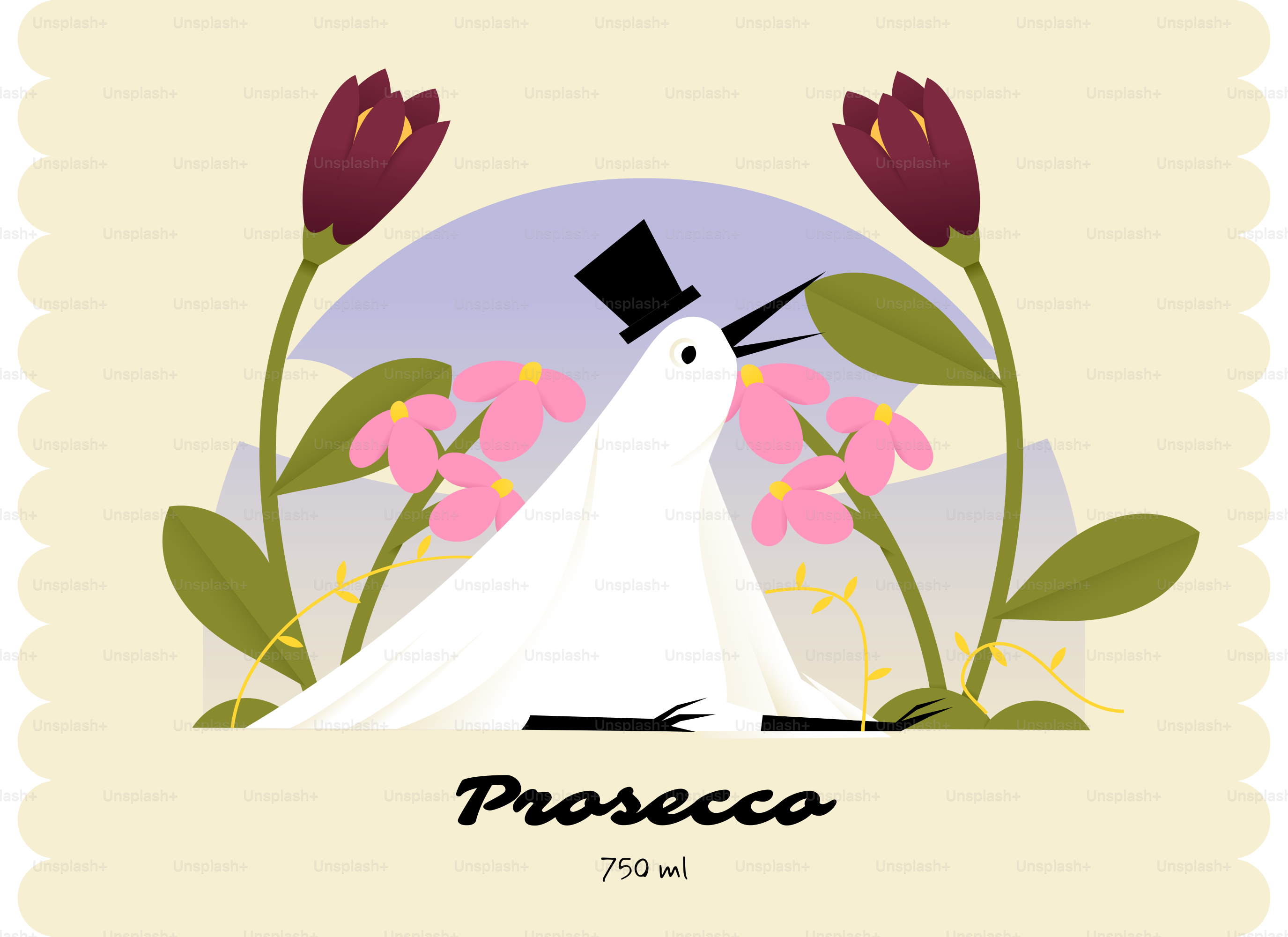 꽃이 달린 실크햇을 쓴 흰 새