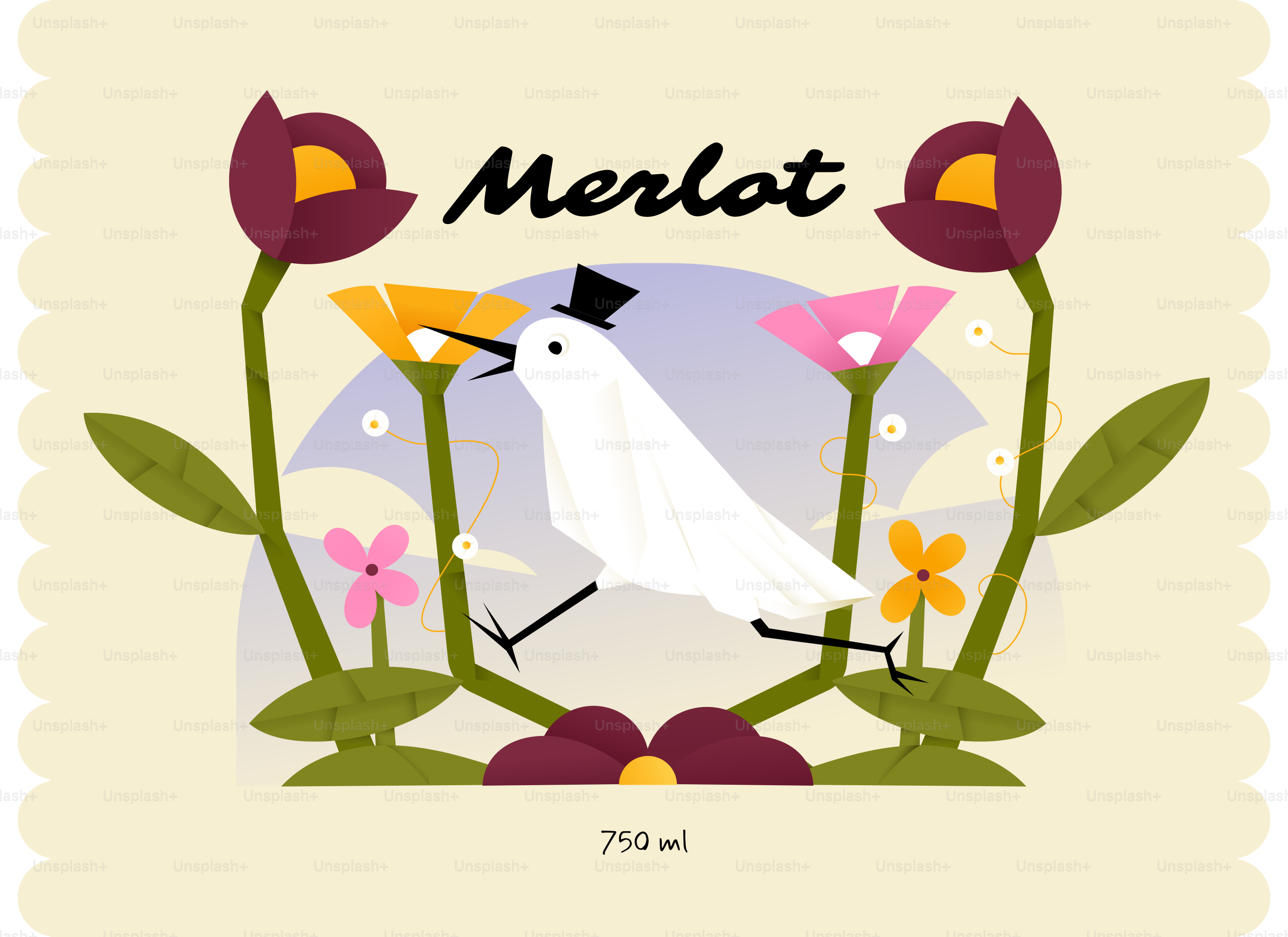 꽃 사이에 실크햇을 쓴 흰 새