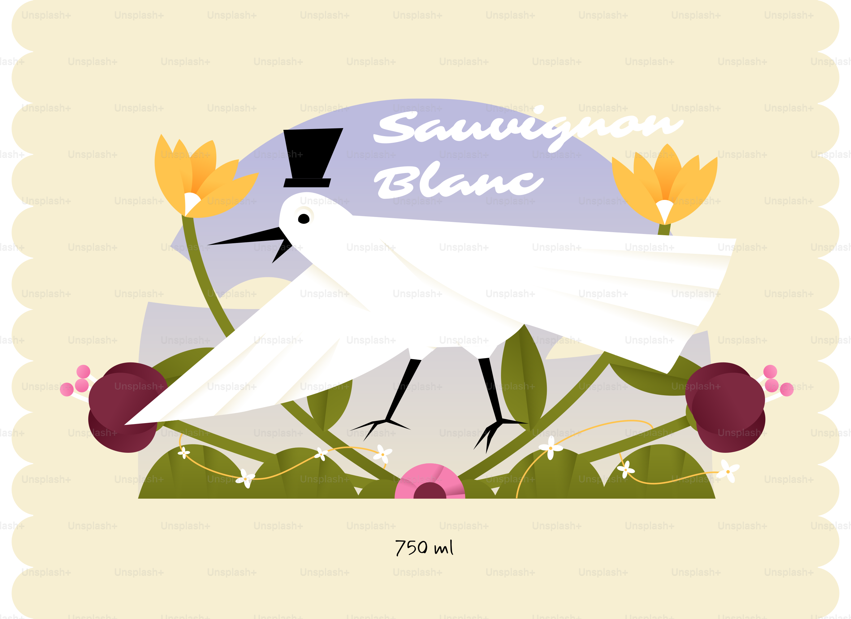 소비뇽 블랑 문구가 새겨진 실크 모자를 쓴 흰 새.