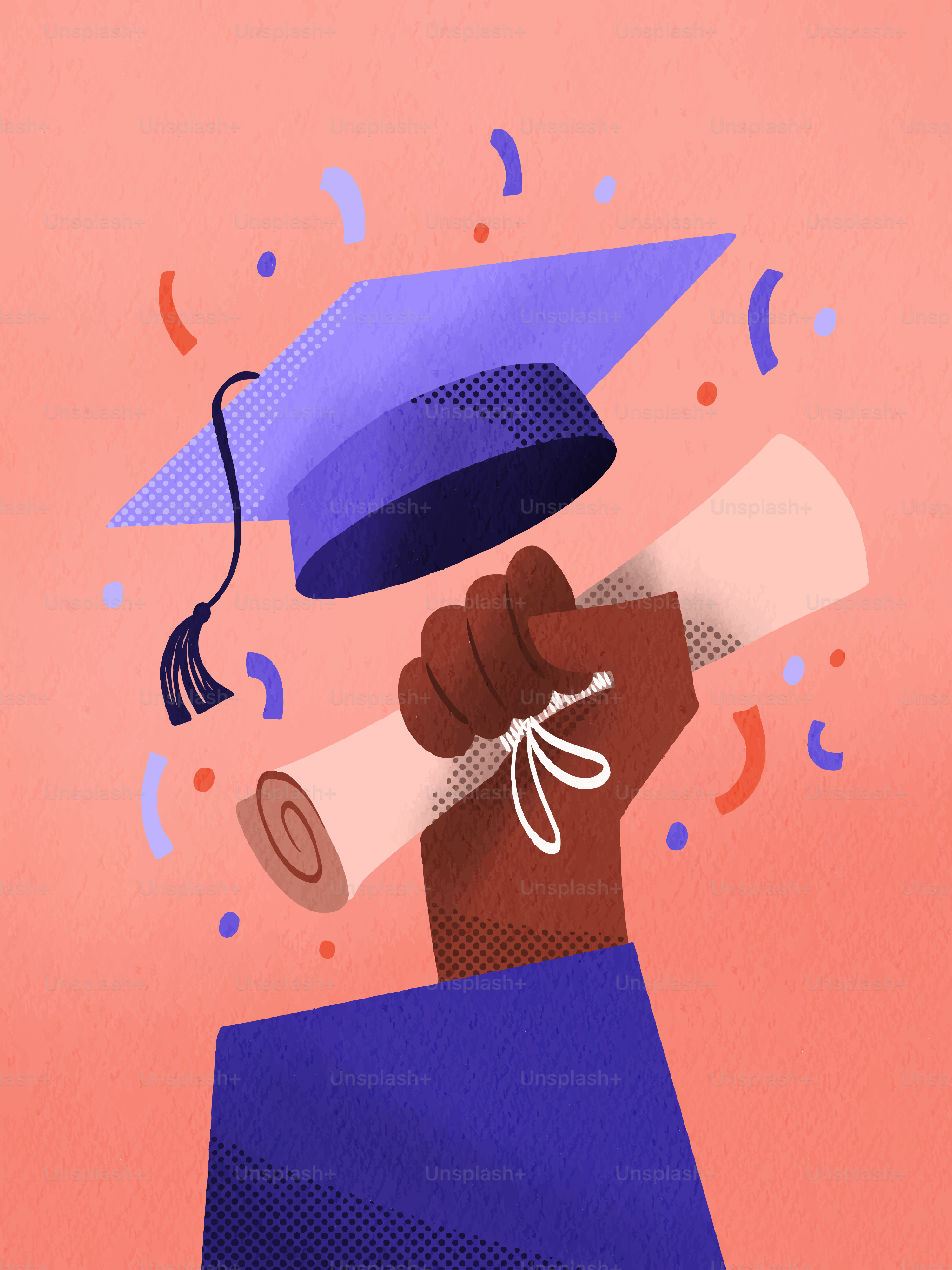 Casquette de remise des diplômes et diplôme avec confettis