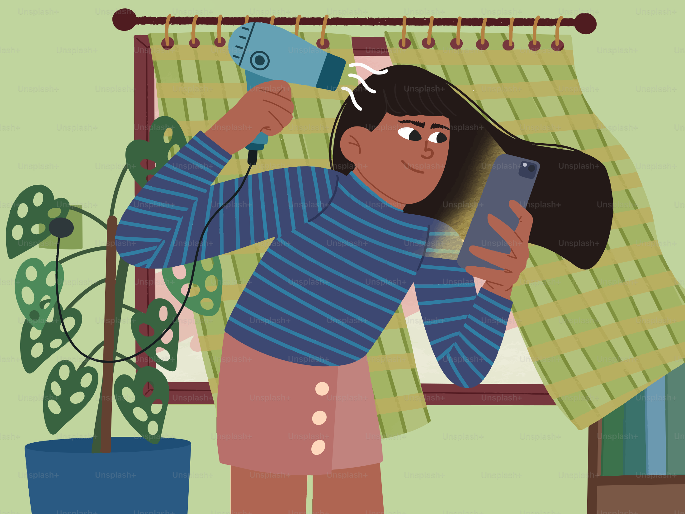 Giovane donna che asciuga i capelli mentre guarda il telefono