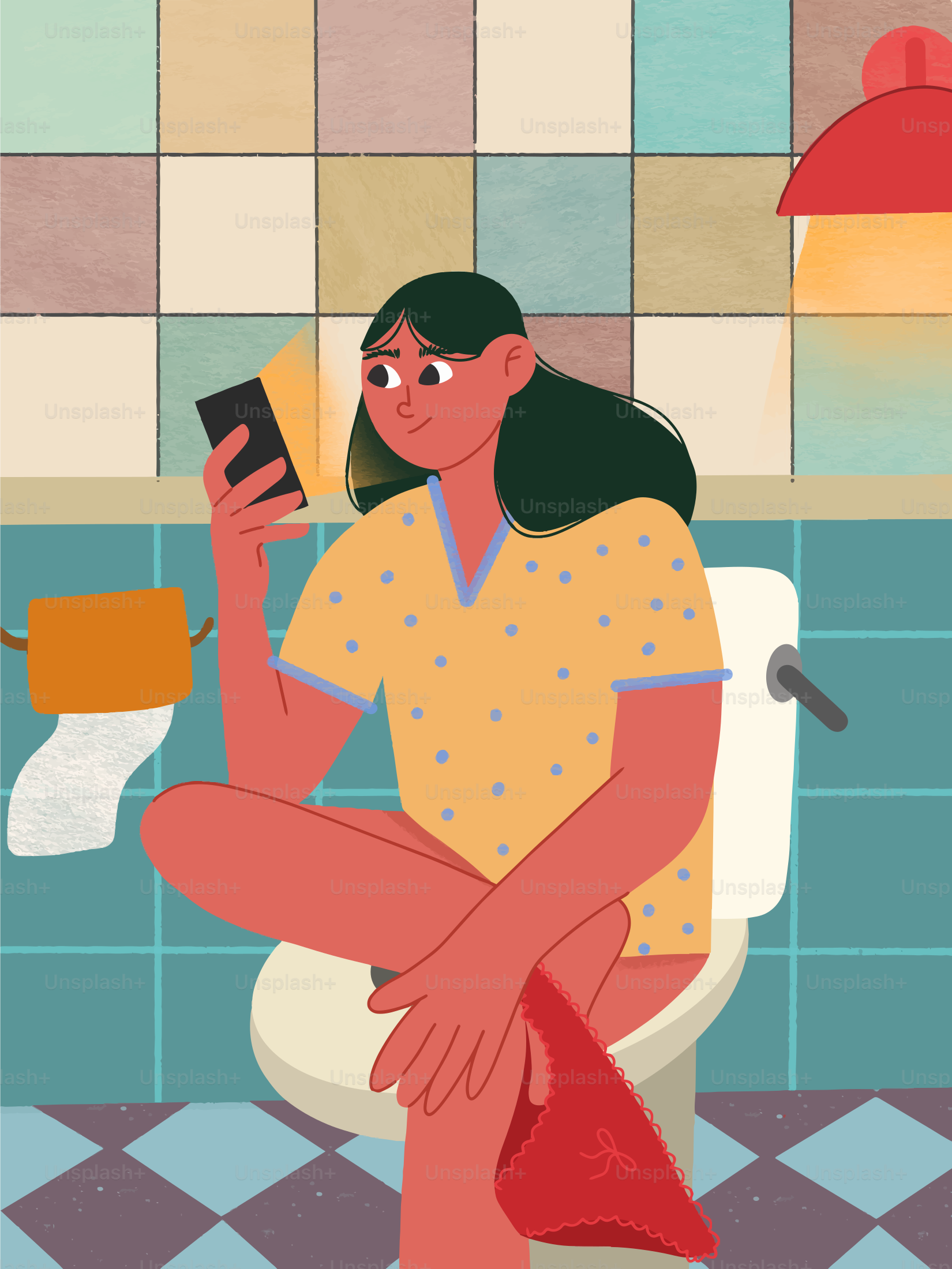 Donna seduta sul water che usa il telefono