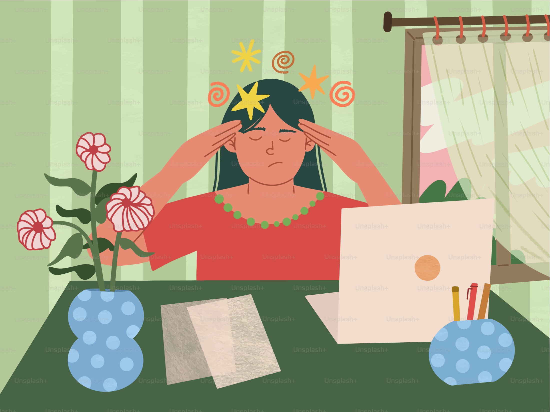 Donna con le stelle stordite intorno alla testa alla scrivania.