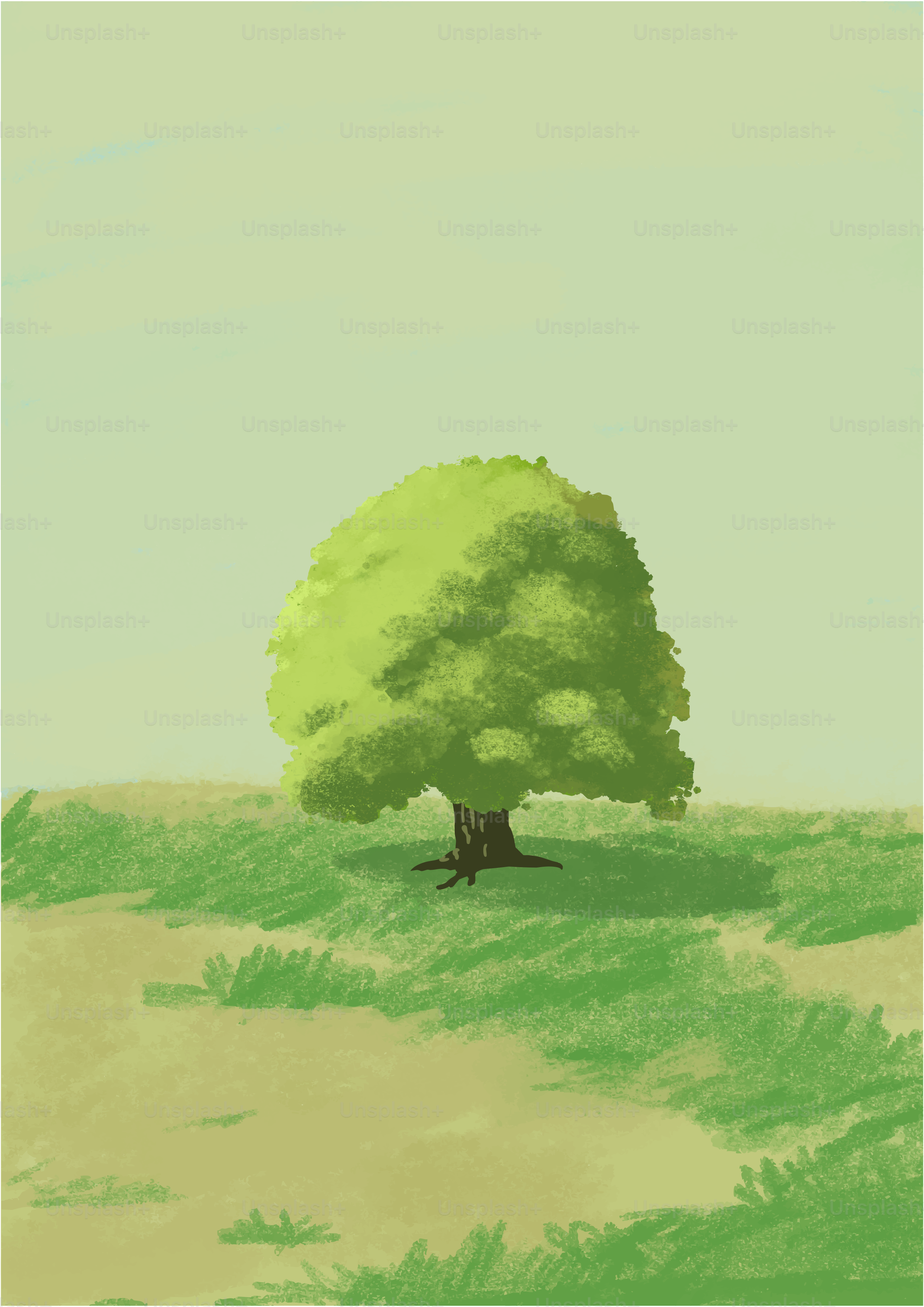 A lone tree stands in a grassy field.