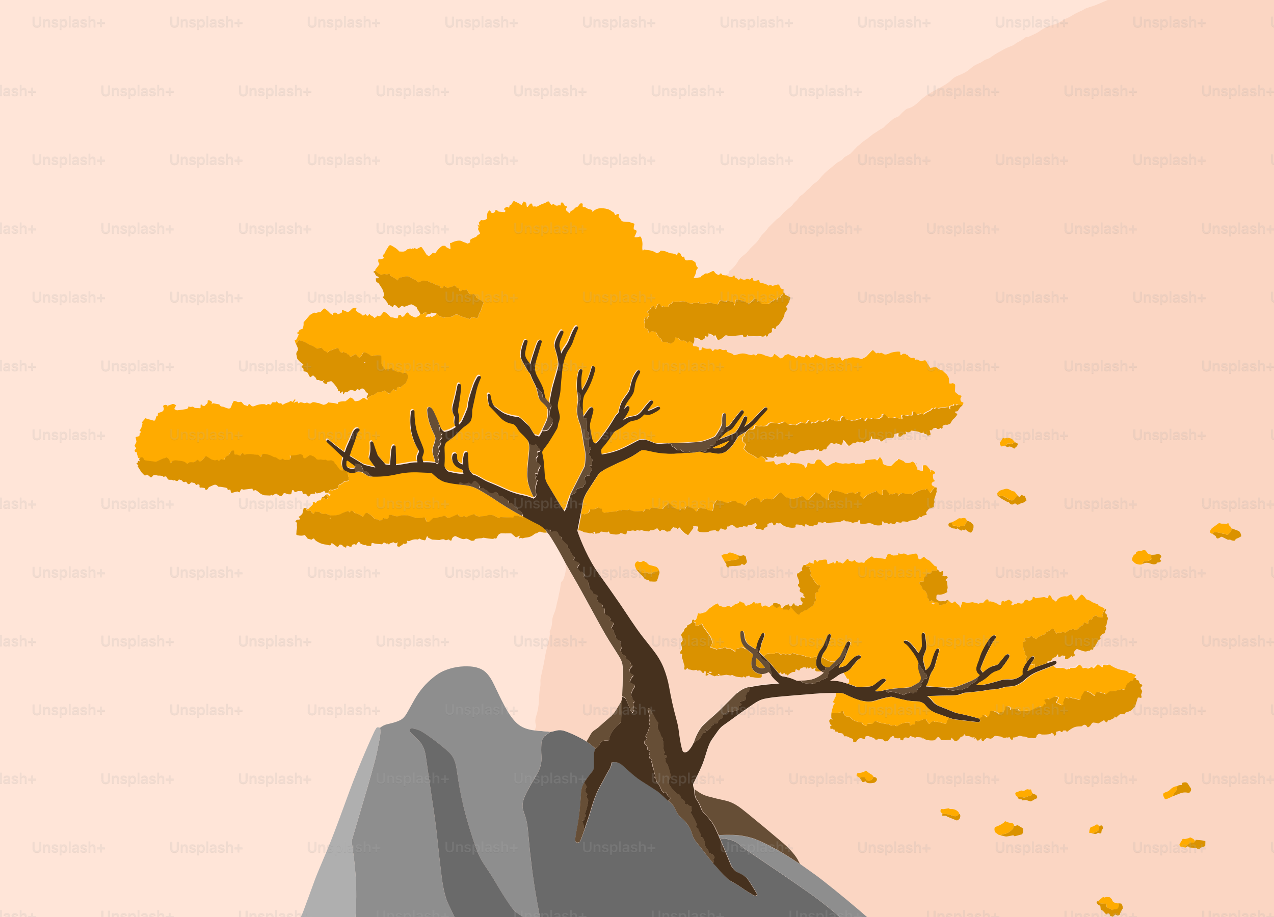 Arbre d’automne avec des feuilles orange sur un rocher.